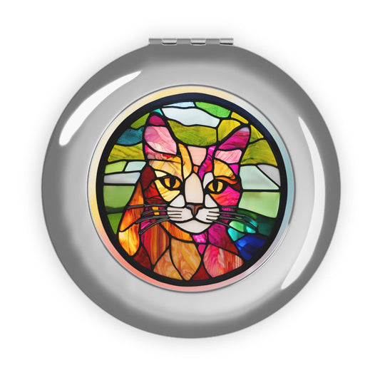Stained Glass Cat Compact Travel Mirror - Perfect for Pet Lovers Printify