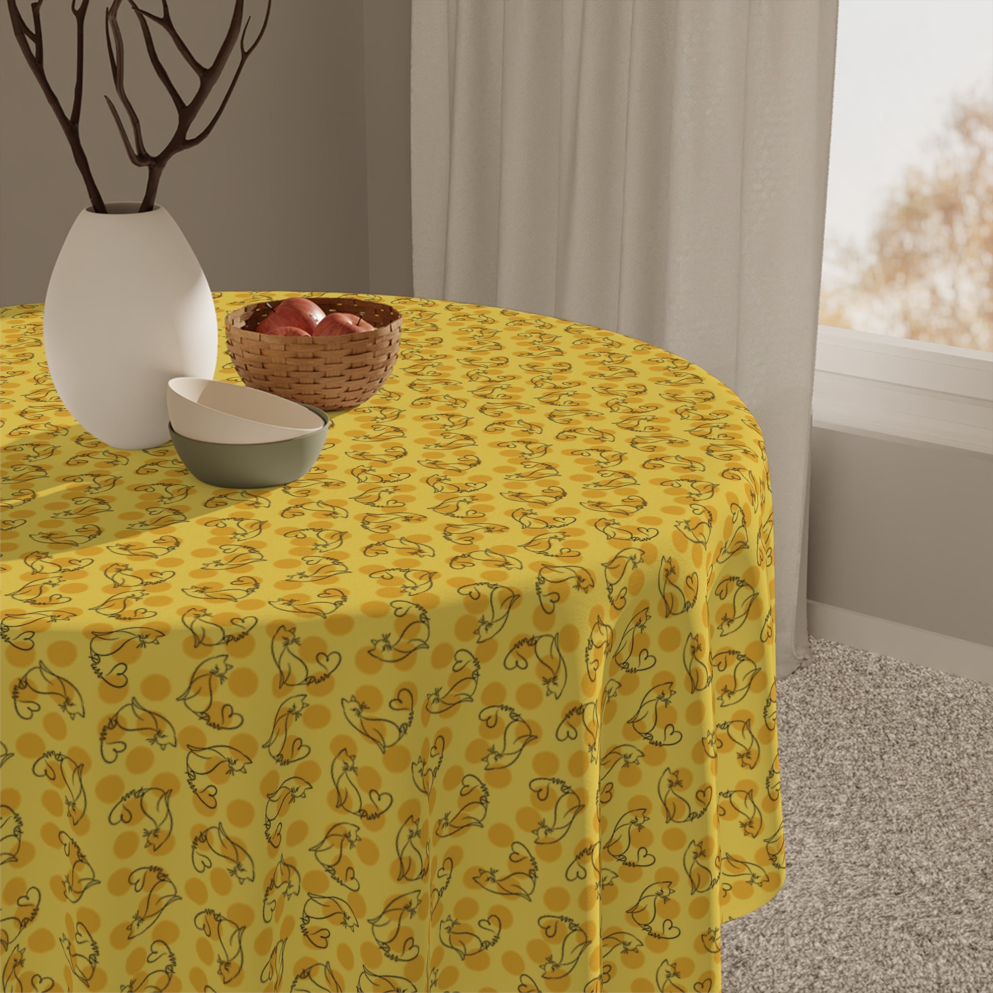 Golden Purr Cat Tablecloth – Minimalist Line Art Polka Dot Design (55" × 55")
