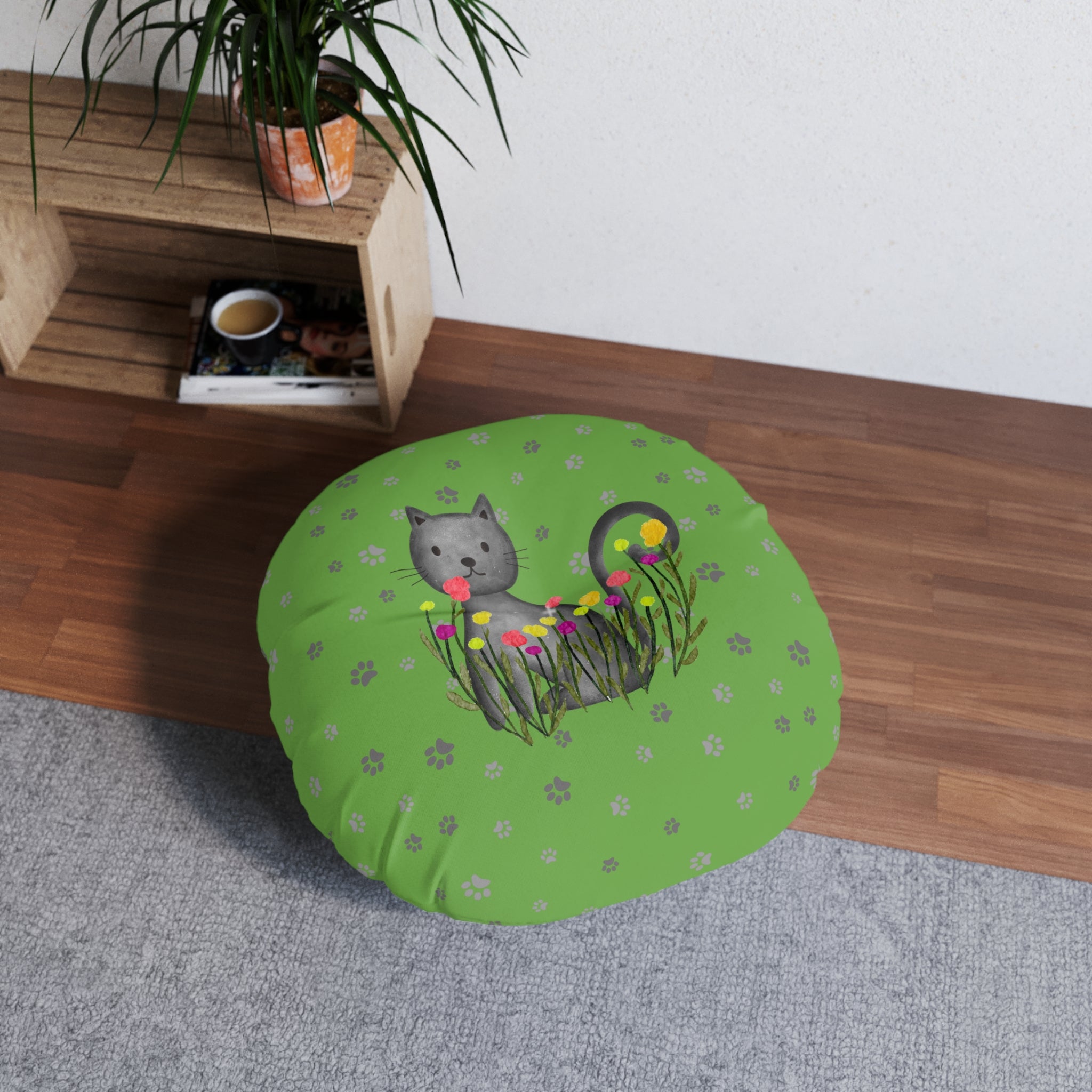 Curious Garden Cat Round Floor Pillow – Green Paw Print Accent Cushion (26