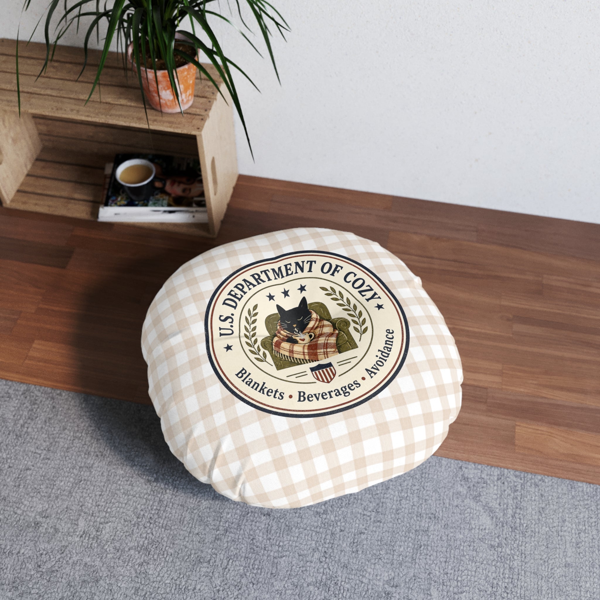 U.S. Department of Cozy Round Floor Pillow | Cozy Cat Gingham Cushion