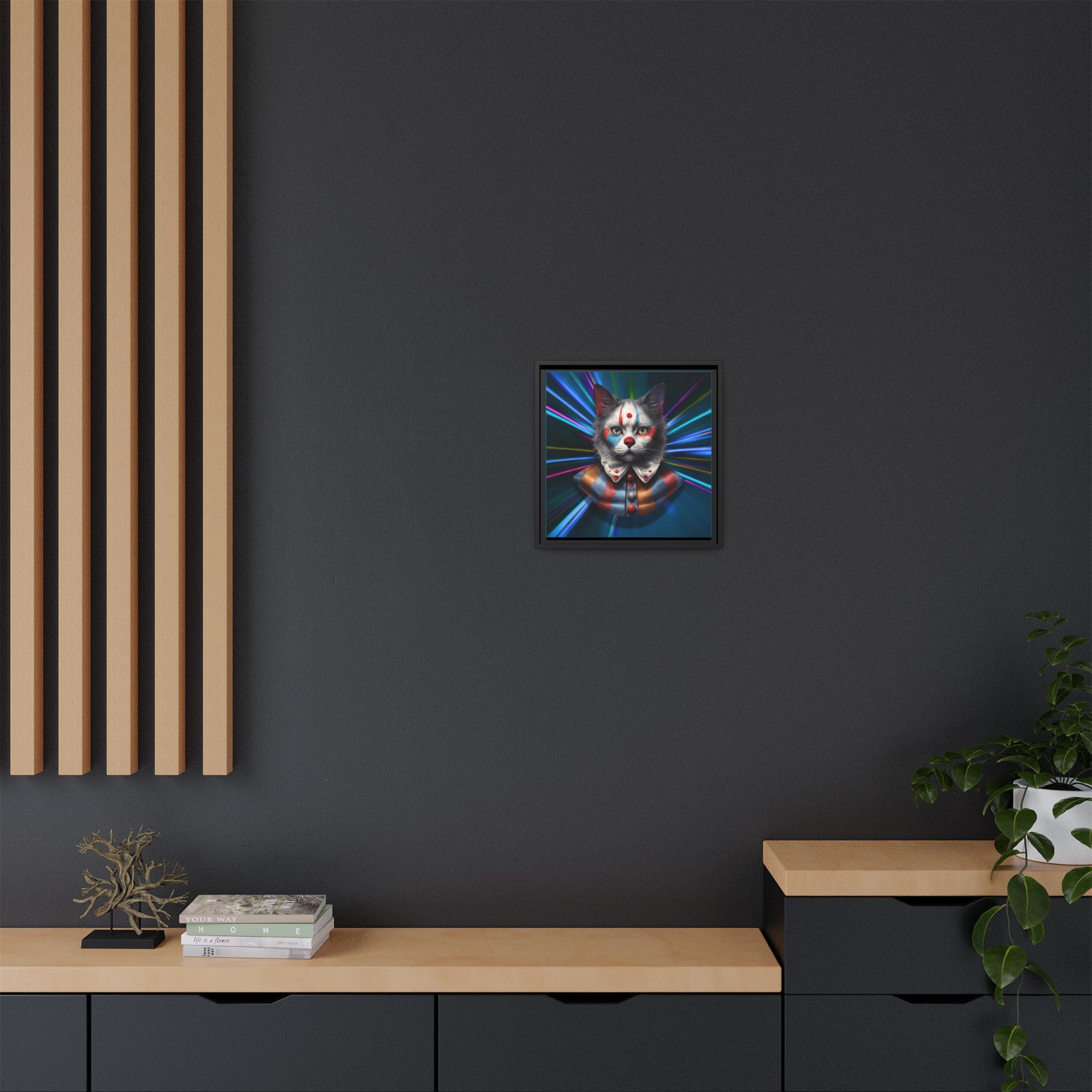 Colorful Cat Clown Framed Canvas Art – Quirky Home Decor for Pet Lovers