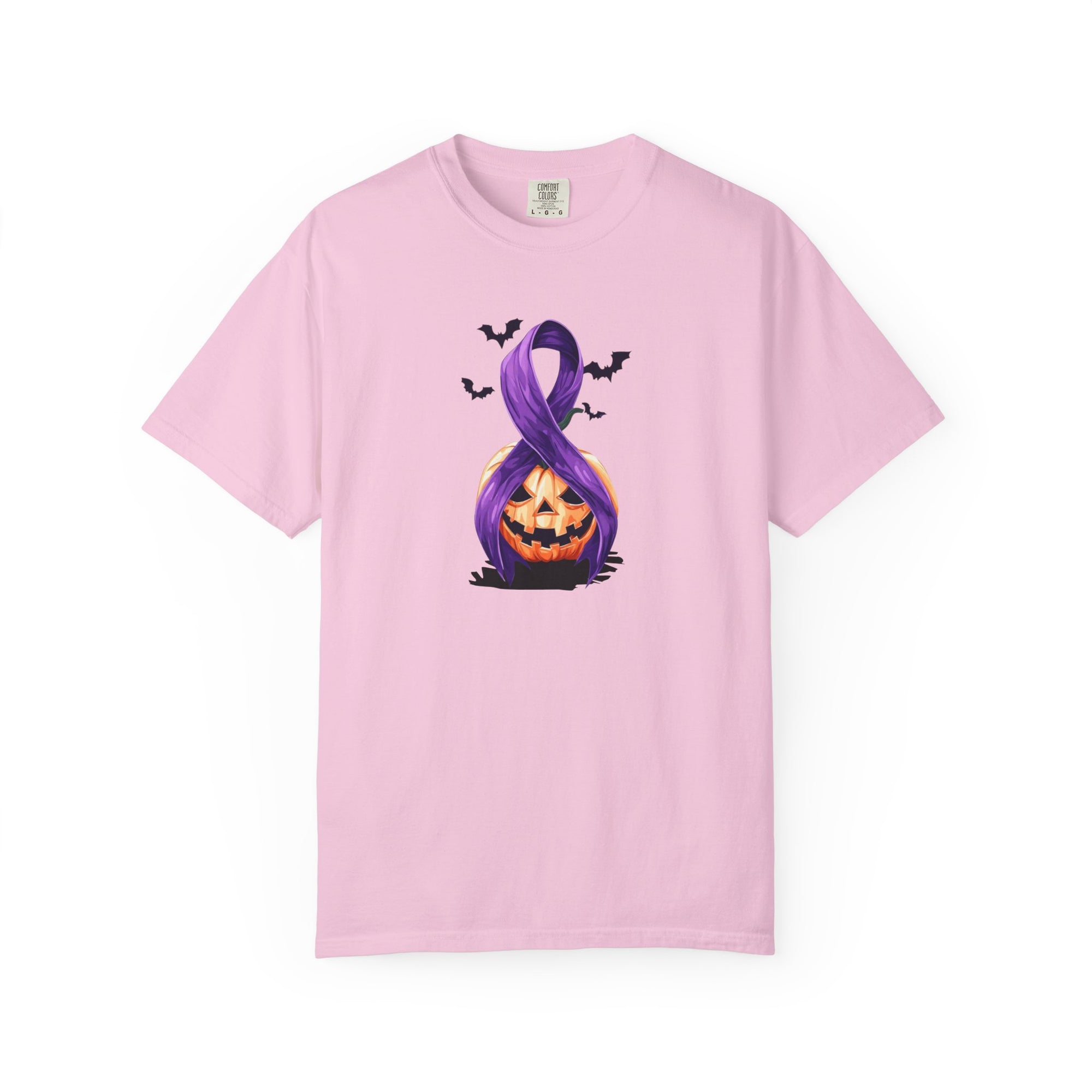 Halloween Pumpkin Unisex T-Shirt with Purple Ribbon Design