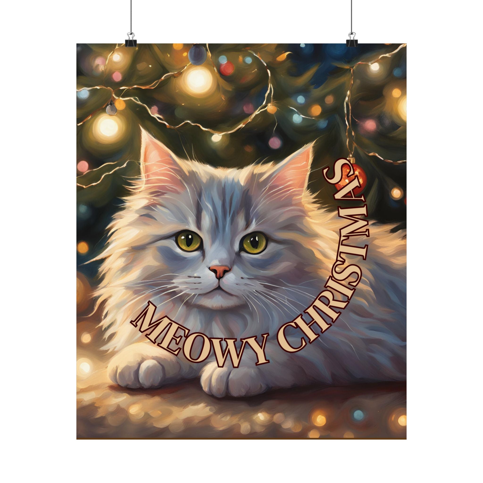 Photo depicting the ​White Meowy Christmas Kitty Matte Vertical Posters from EpiAl's Shop.