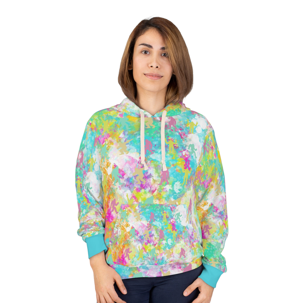 Hide & Squatch Tie-Dye Hoodie | Colorful Hidden Bigfoot All-Over Print