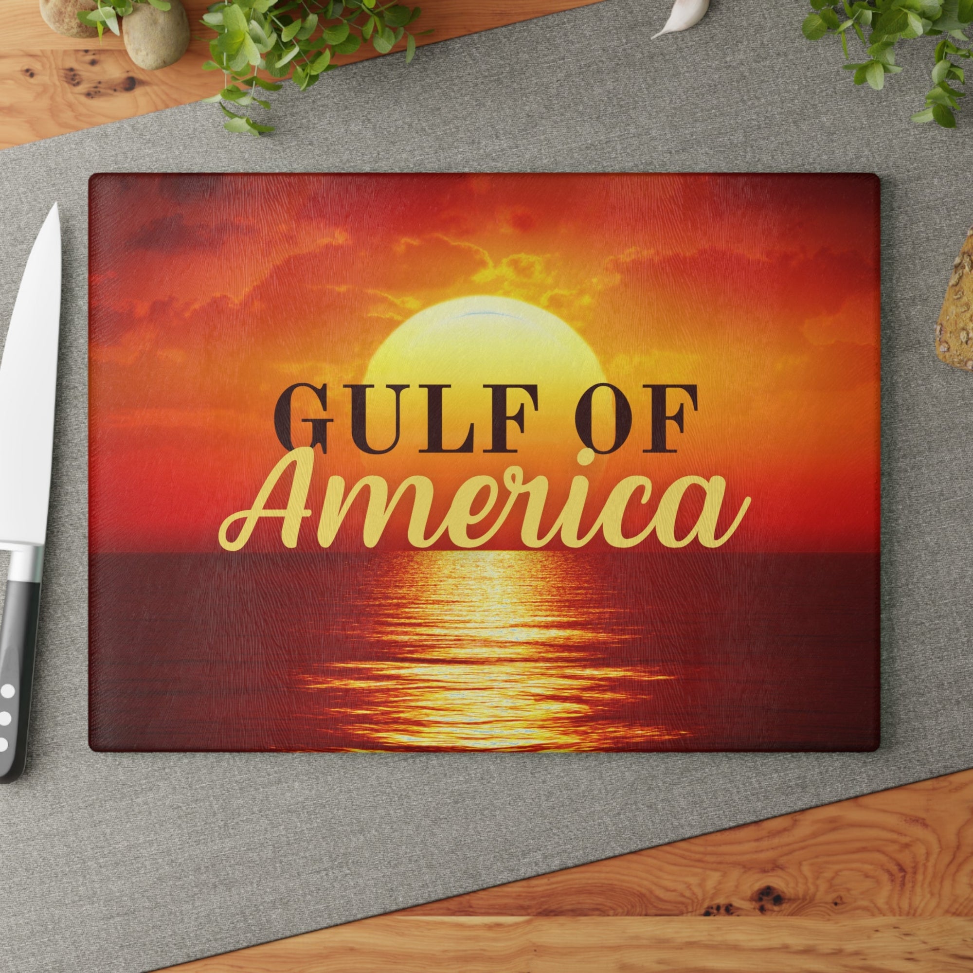 Gulf of America Sunset Glass Cutting Board Printify