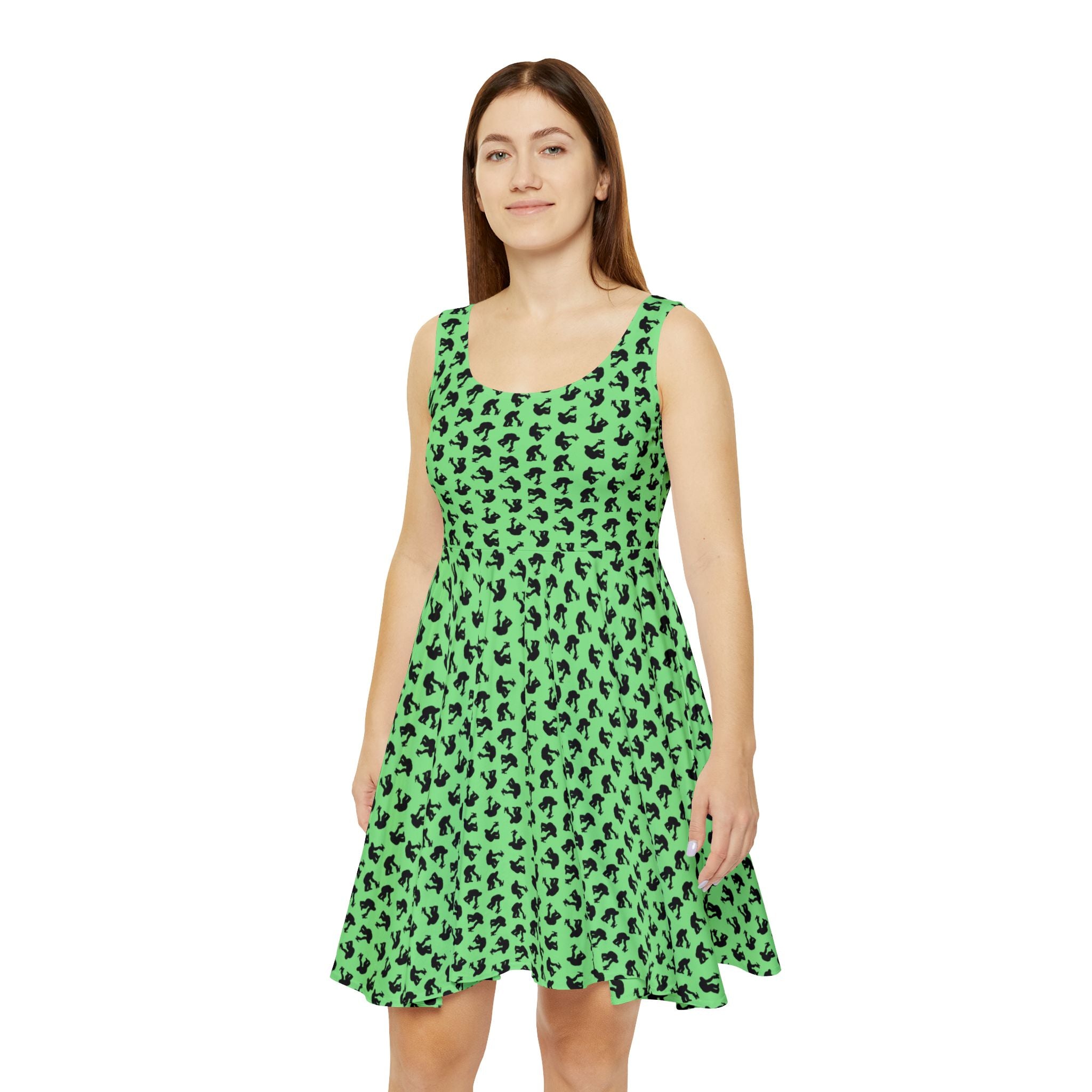 Sasquatch & Kitty Skater Dress – Green Cryptid Cat Dress