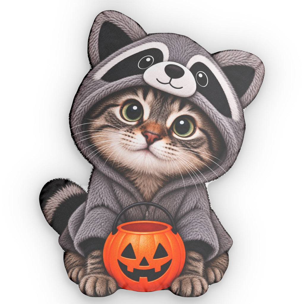 Kitten Dressed as Jimothy Shaped Pillow | Funny Halloween Cat & Raccoon Pillow