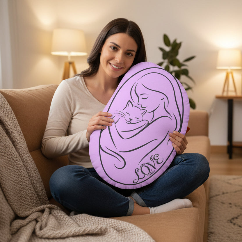 MOM Shaped Pillow | Woman & Cat Embrace | Mirror-Word Design