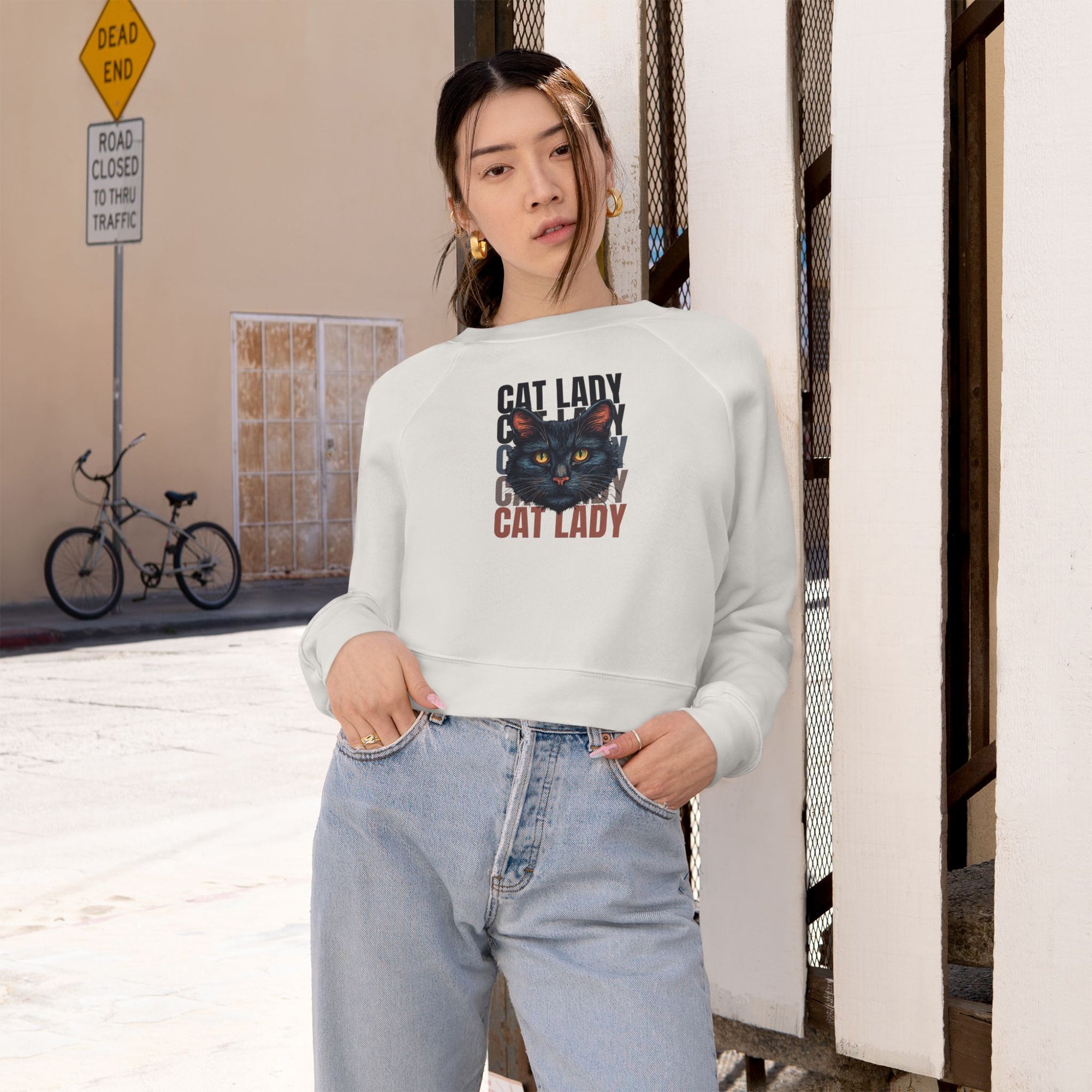 Black Cat Lady Cropped Fleece Pullover, Cozy Cat Lover Sweatshirt