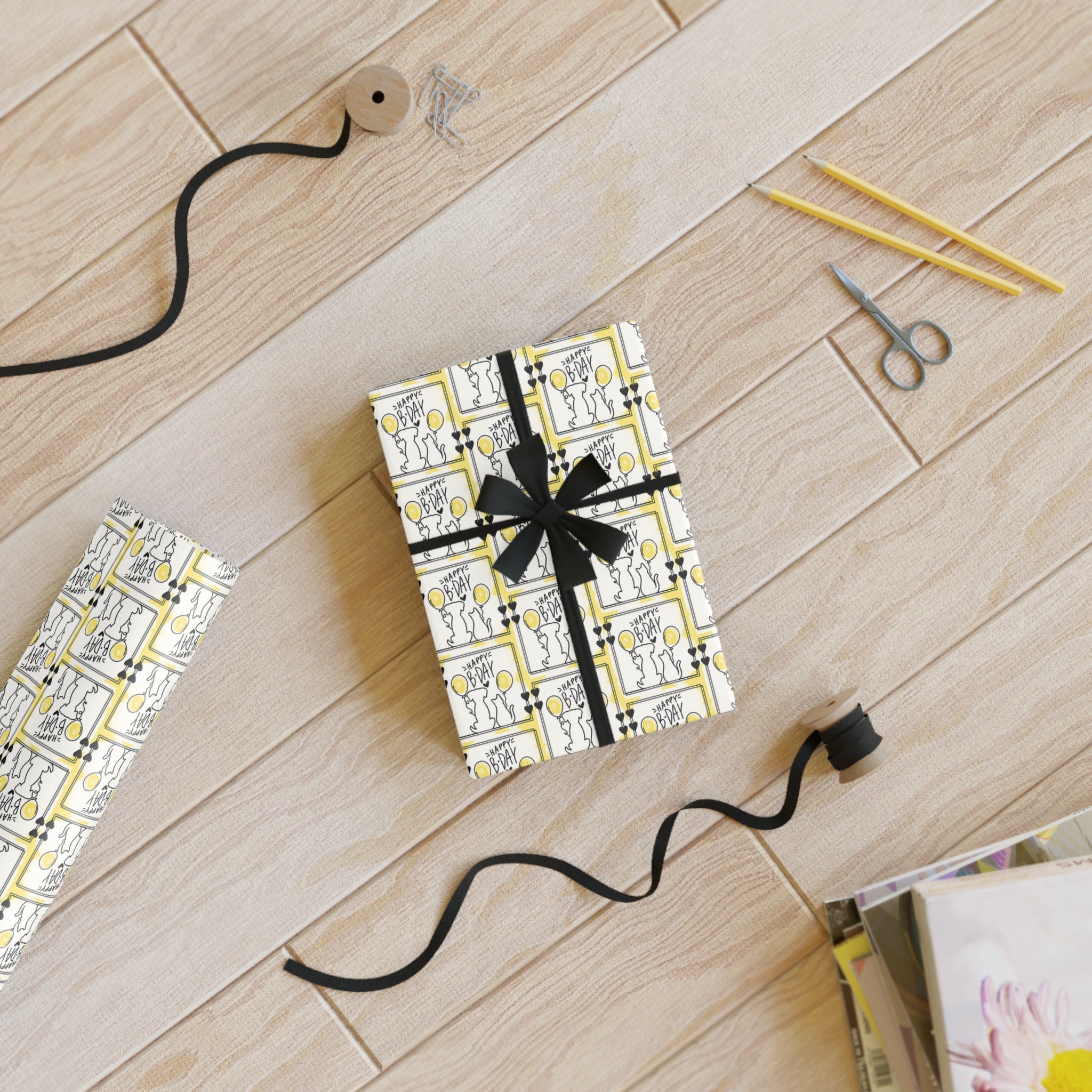 Dog & Cat Black & Yellow Birthday Gift Wrapping Paper Rolls, 1pc - EpiAl's Shop