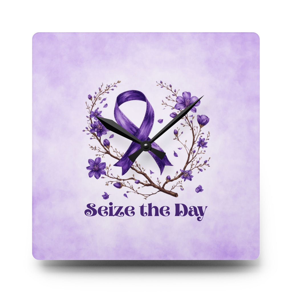 Purple Floral Seize the Day Acrylic Wall Clock