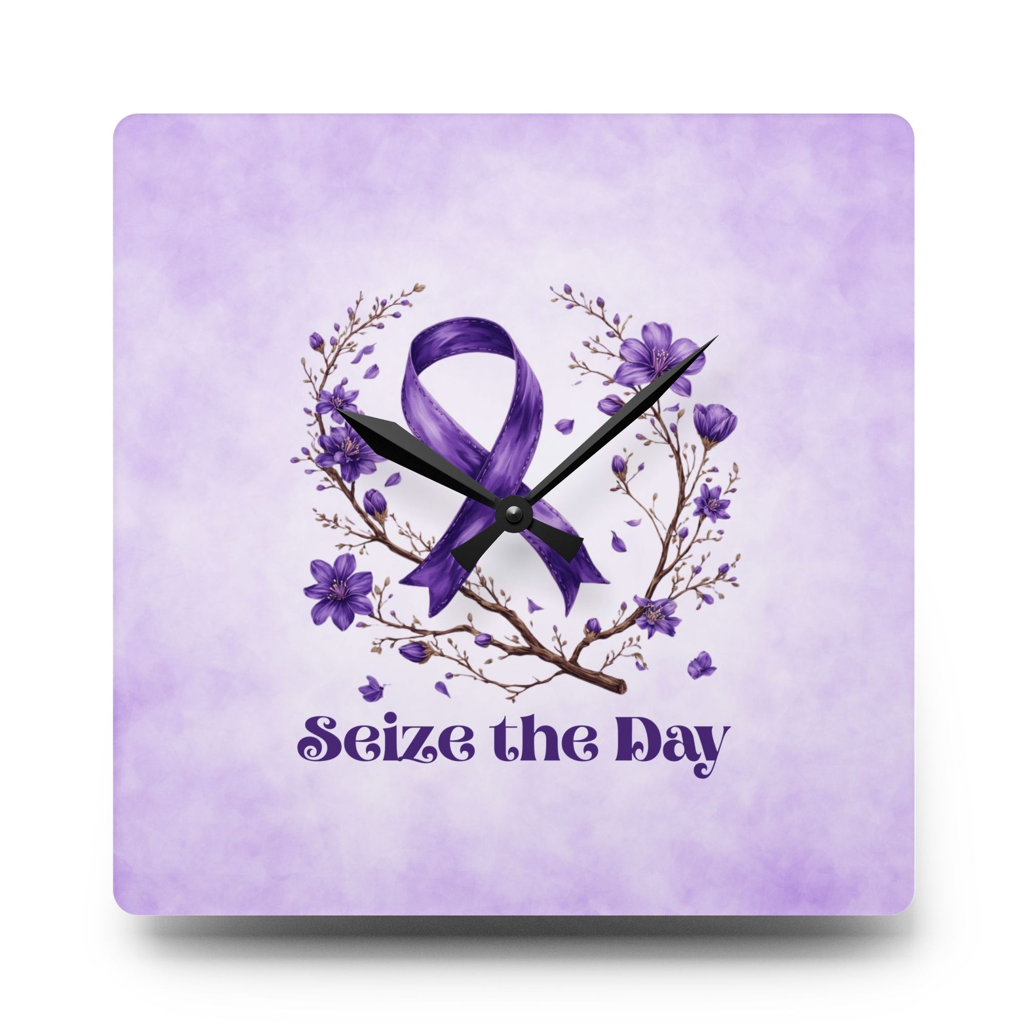 Purple Floral Seize the Day Acrylic Wall Clock