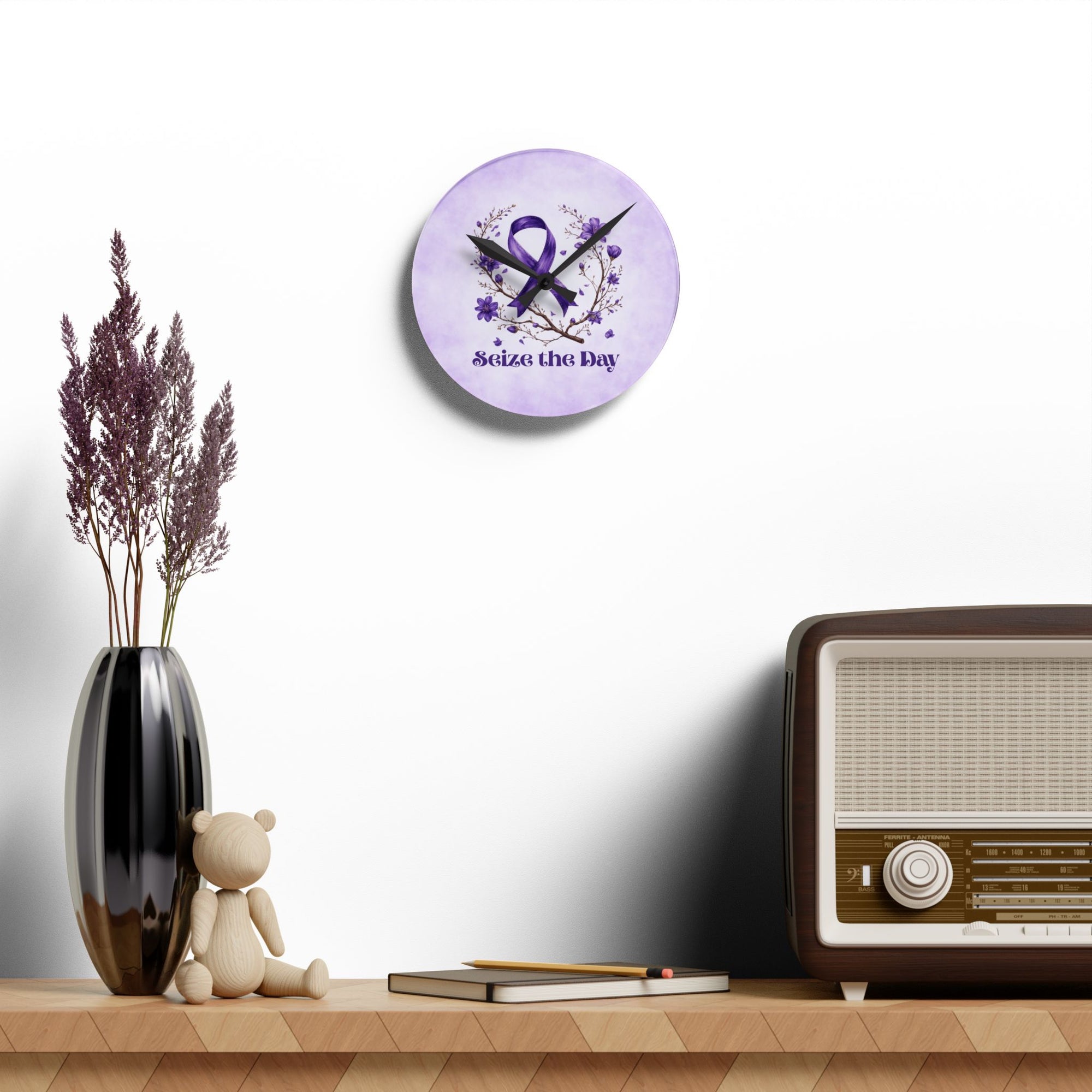 Purple Floral Seize the Day Acrylic Wall Clock