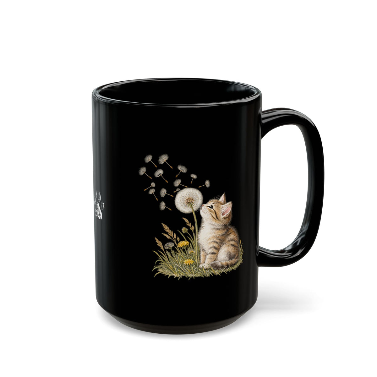 Kitten & Dandelion Black Ceramic Mug | Cat Lover Coffee Cup | 11oz & 15oz
