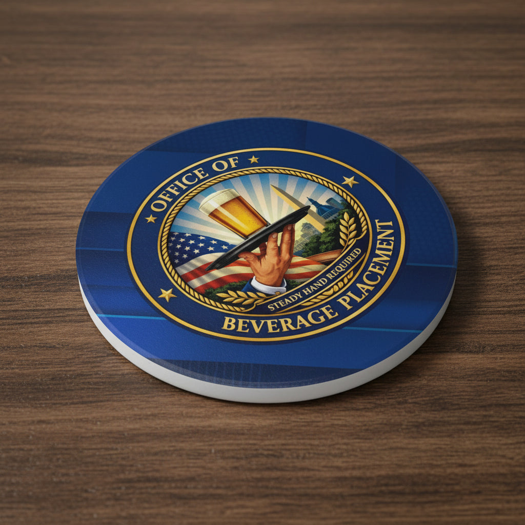 Office of Beverage Placement Coaster – “Steady Hand Required” Ceramic Coaster (Round or Square)
