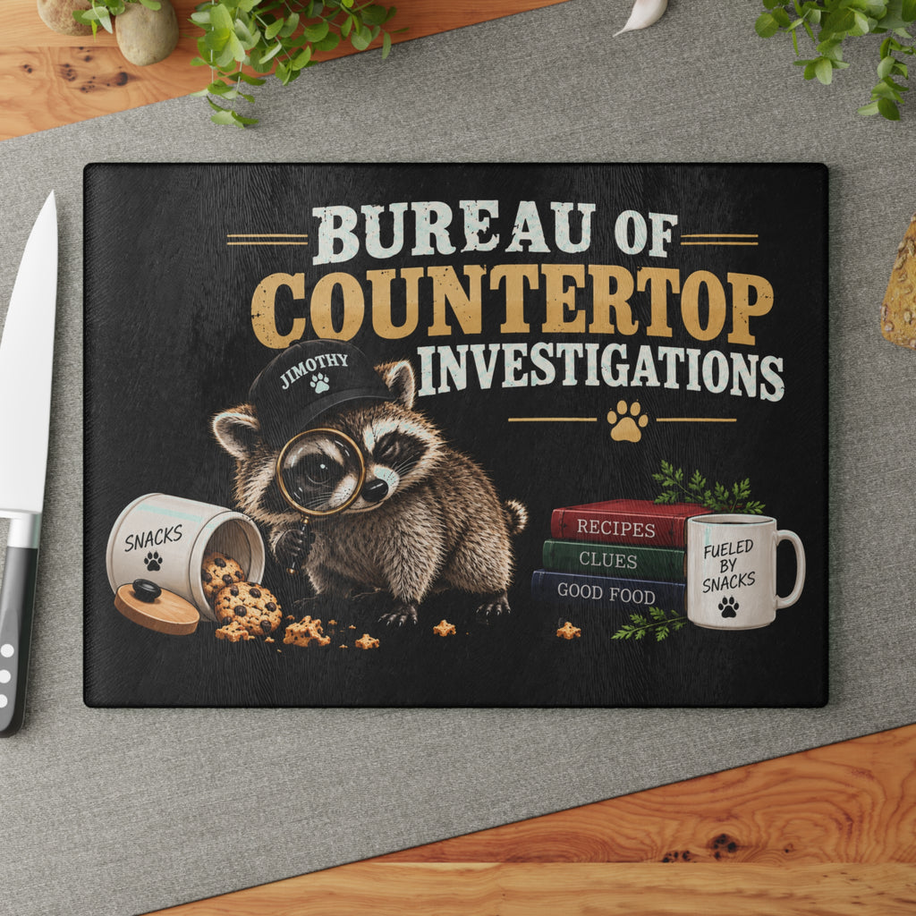 Bureau of Countertop Investigations Glass Cutting Board | Jimothy Raccoon Kitchen Decor