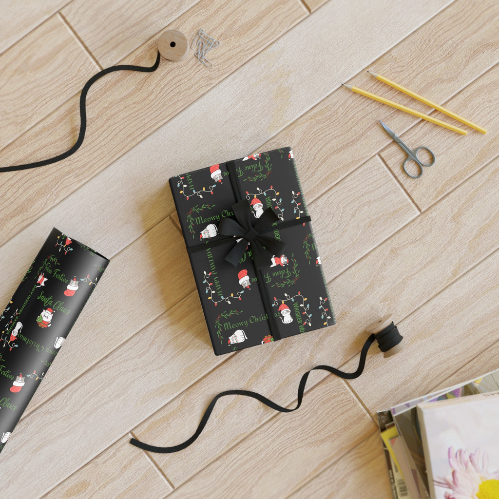 Cat Pun Christmas Gift Wrapping Paper Roll, Sleek Black Design