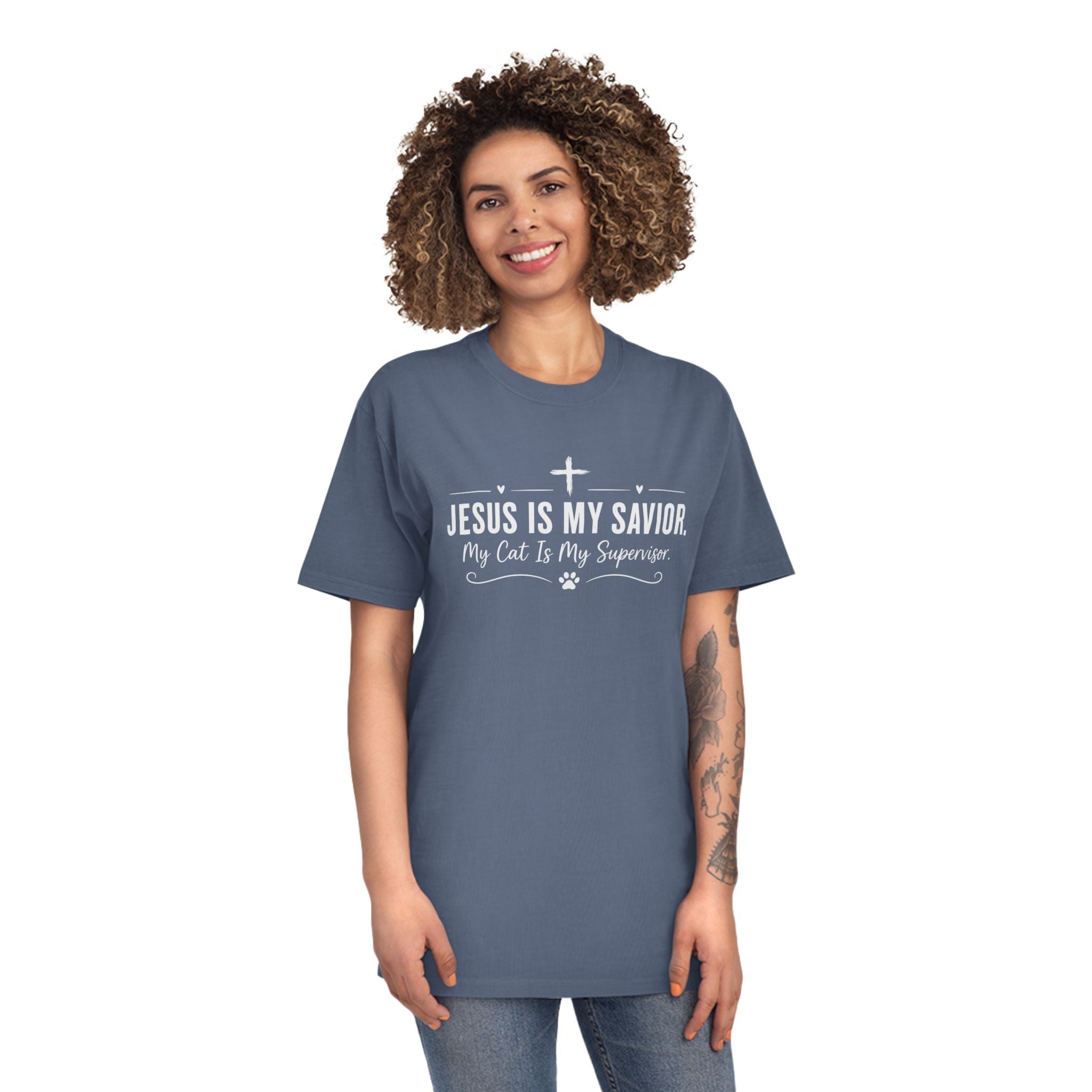 Jesus Is My Savior. My Cat Is My Supervisor. Vintage- Style T-Shirt