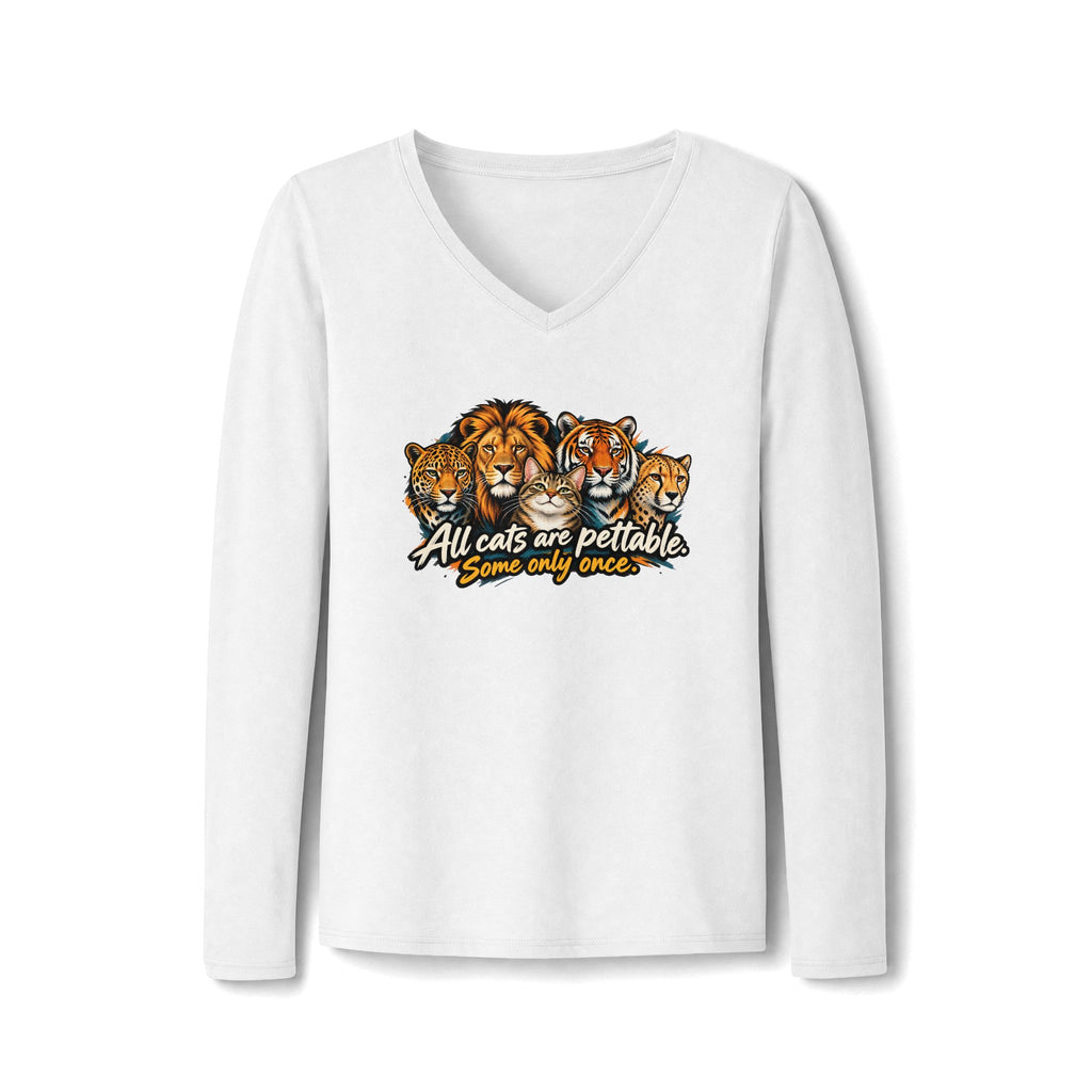 All Cats Are Pettable Long Sleeve V-Neck Shirt | Funny Cat Lover Tee