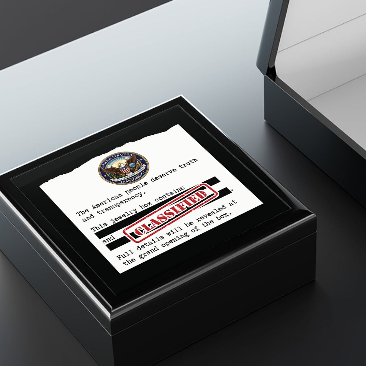 Classified Grand Opening Jewelry Box – Redacted Memo Political Parody Keepsake Box