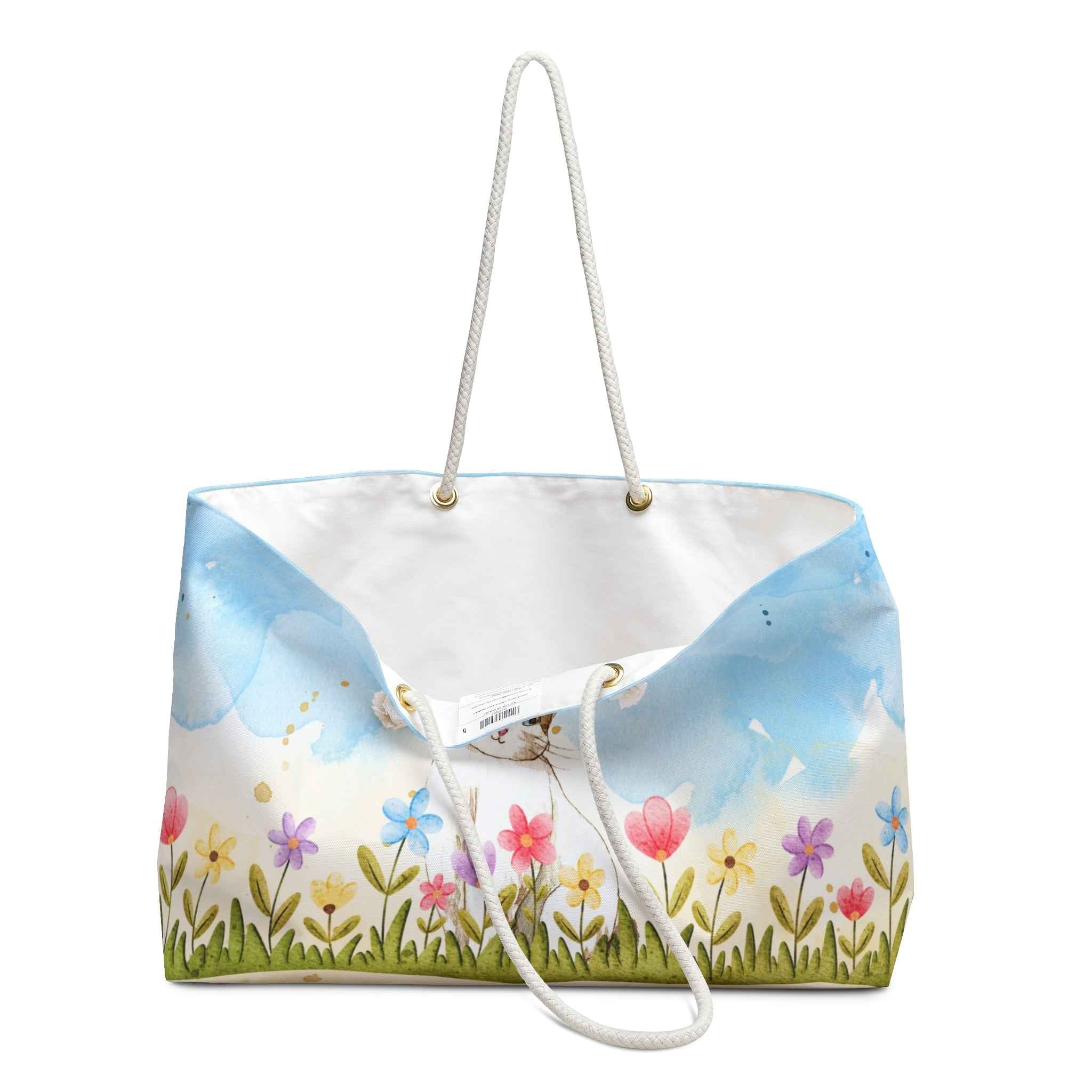 Curious Garden Cat Weekender Bag – Watercolor Floral Travel Tote