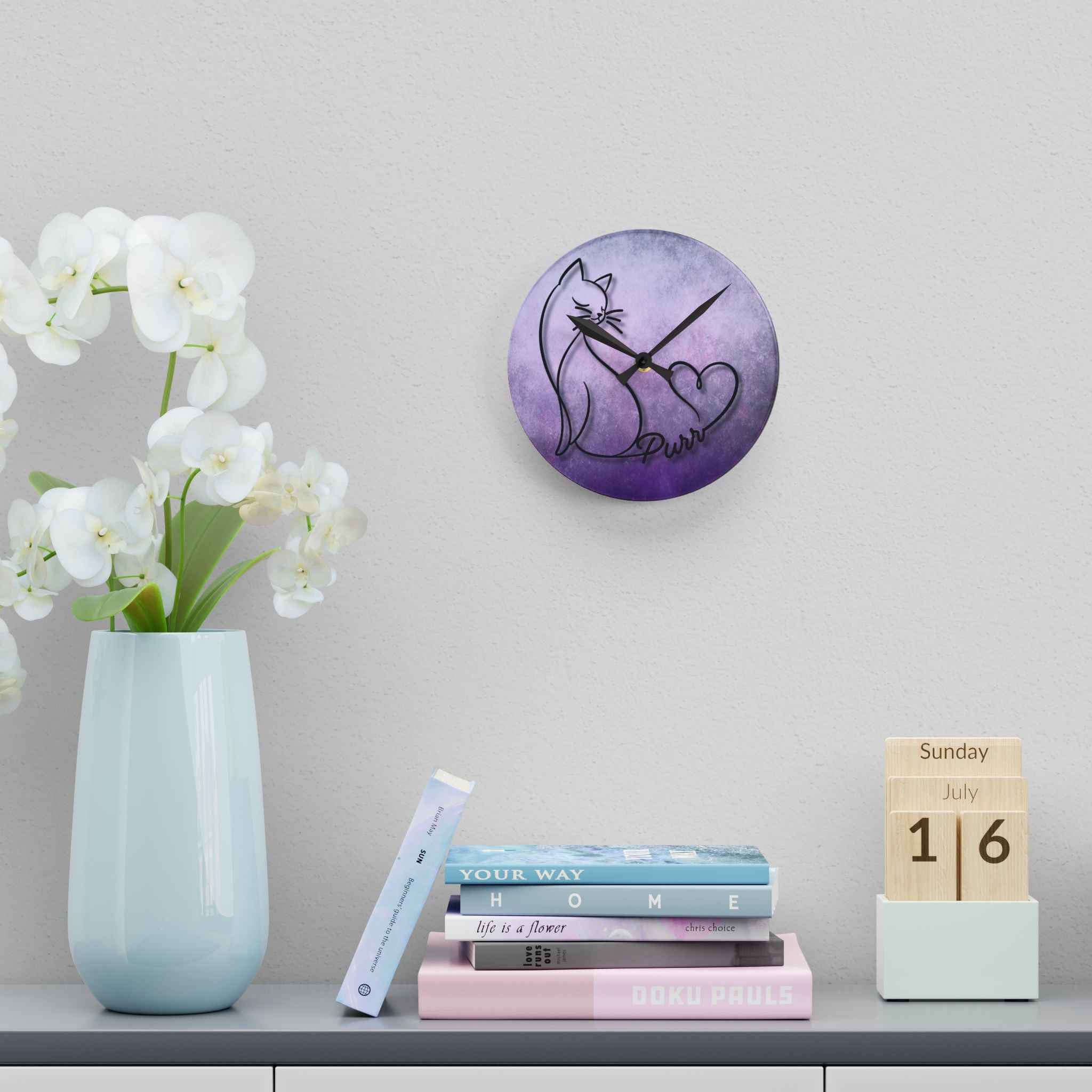 Purr Cat Heart Acrylic Wall Clock – Minimalist Cat Lover Decor