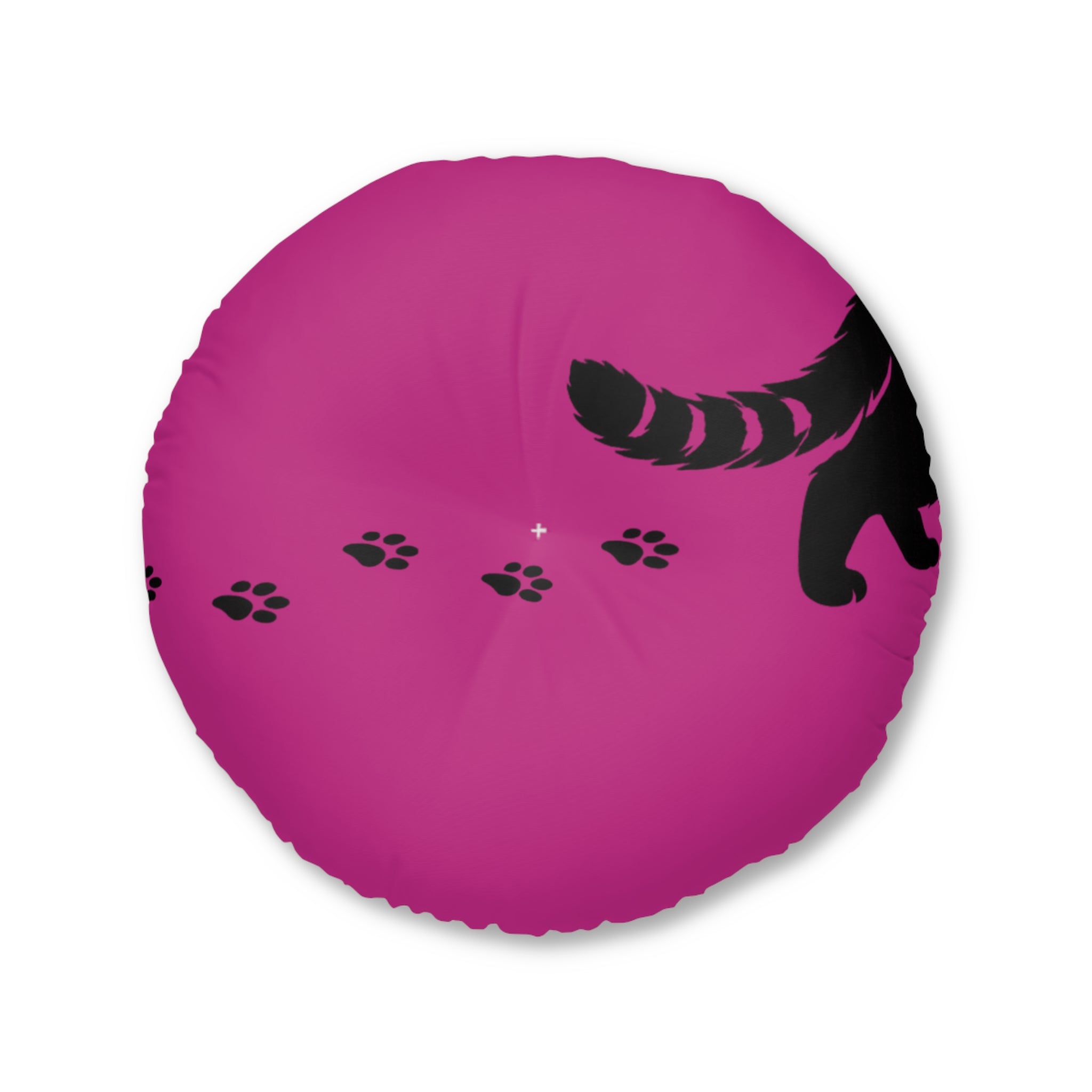 Midnight Cat Walk Round Floor Pillow – Hot Pink Paw Print Cushion (26