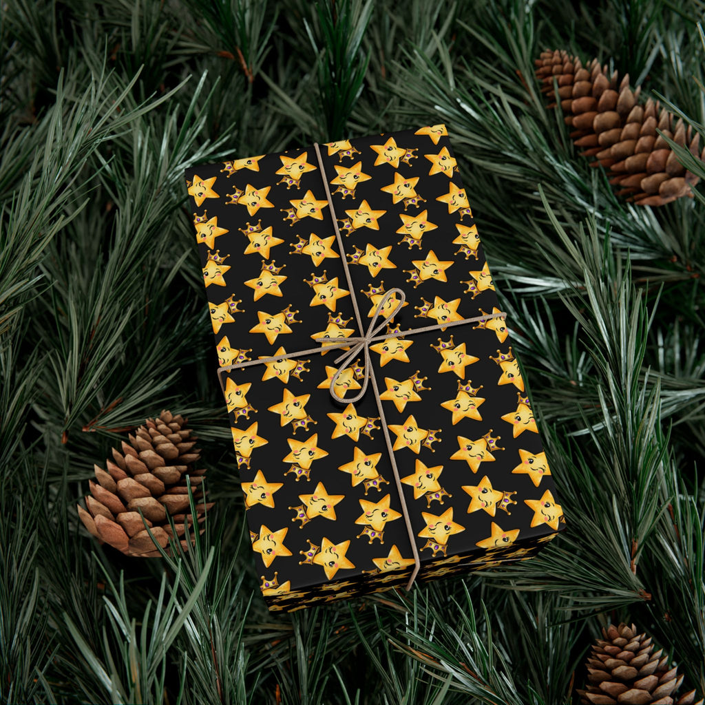 Main Character Crowned Star Wrapping Paper | Cute Black & Gold Gift Wrap