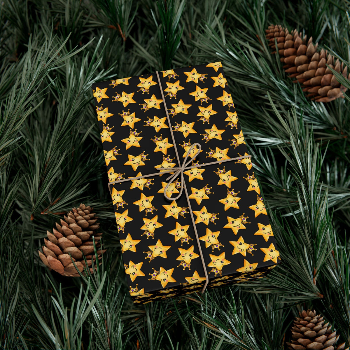 Main Character Crowned Star Wrapping Paper | Cute Black & Gold Gift Wrap