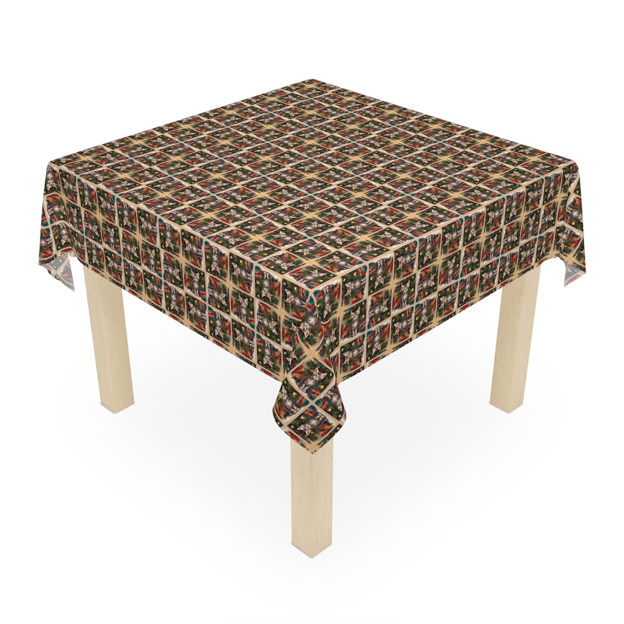 Photo depicting the ​Throwback Christmas Kitten Tablecloth from EpiAl's Shop.