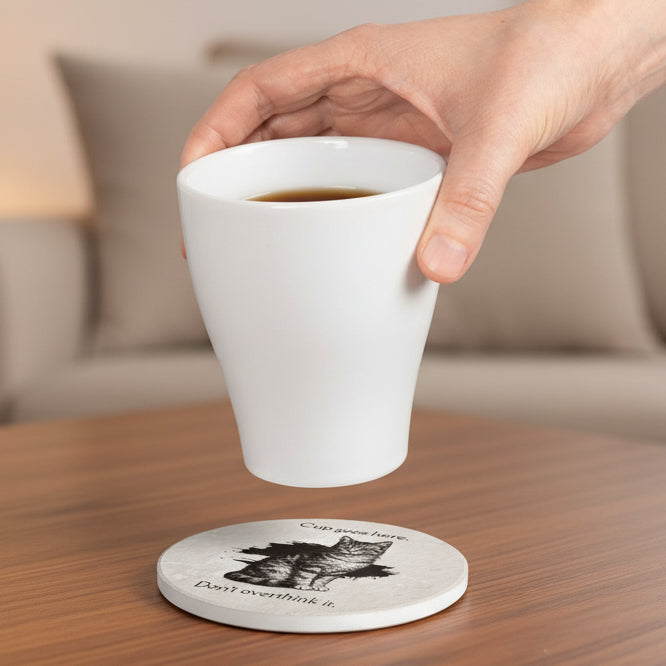 “Cup Goes Here” Cat Coaster – Vintage Sketch Ceramic Coaster with Cork Backing | Funny Minimalist Cat Decor