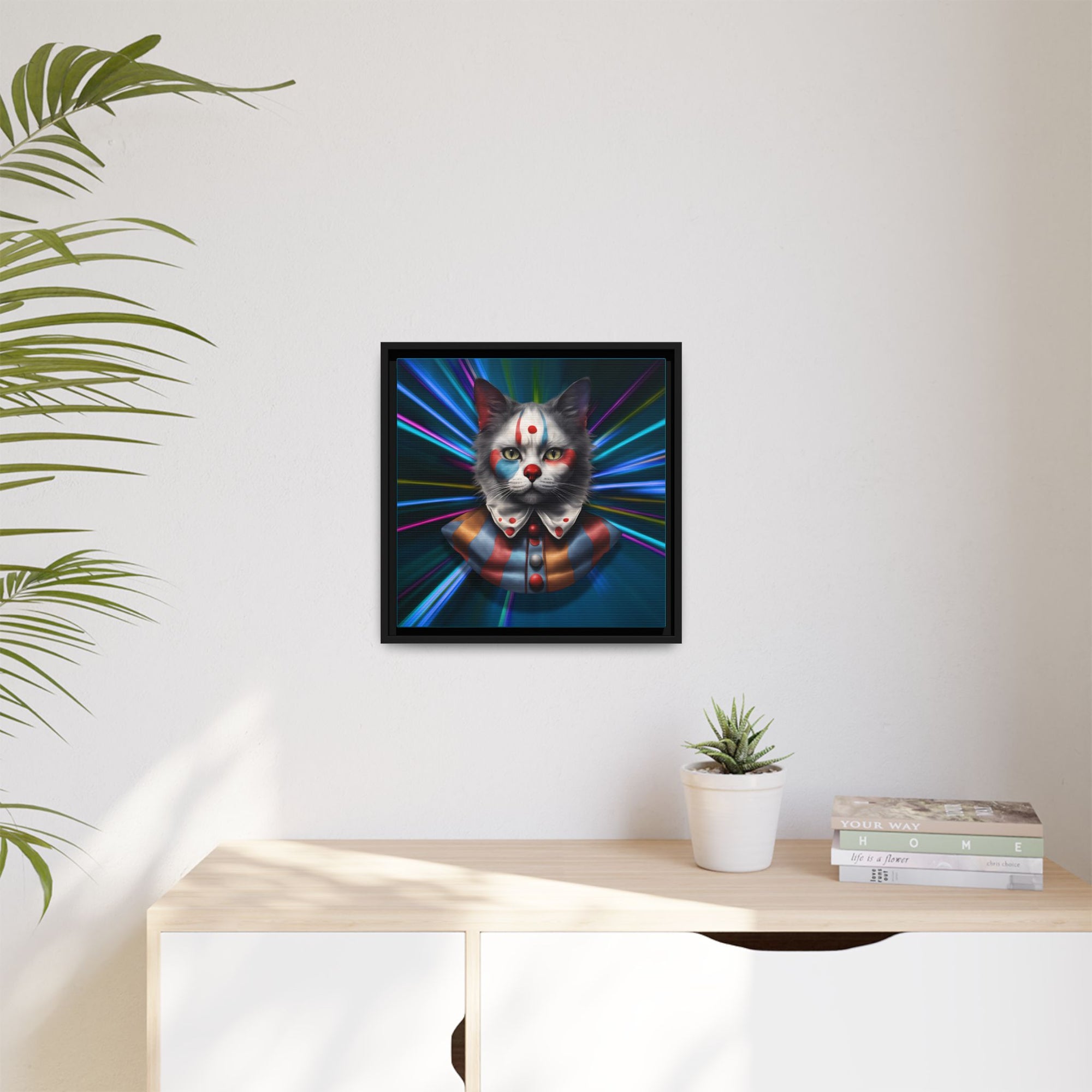 Colorful Cat Clown Framed Canvas Art – Quirky Home Decor for Pet Lovers