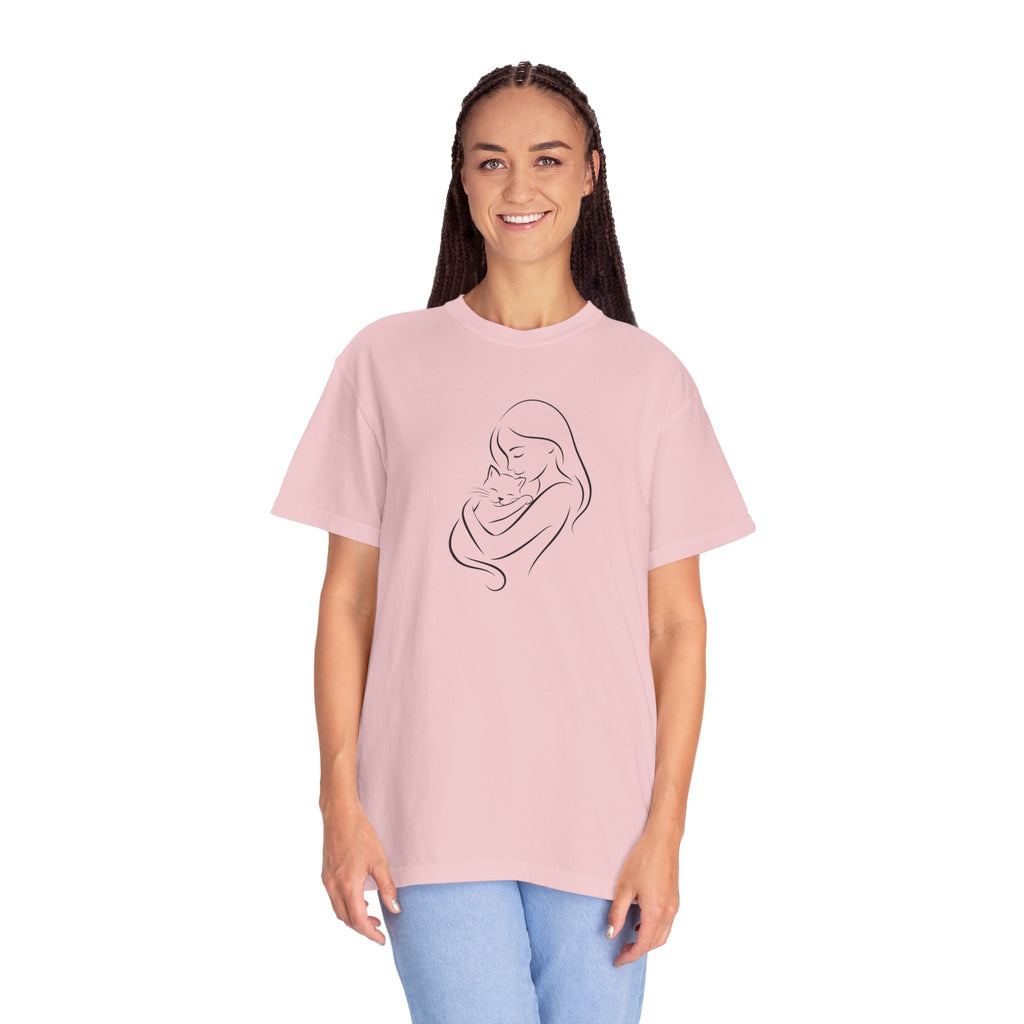 Mother & Cat Embrace T-Shirt | Minimal Line Art Cat Mom Shirt