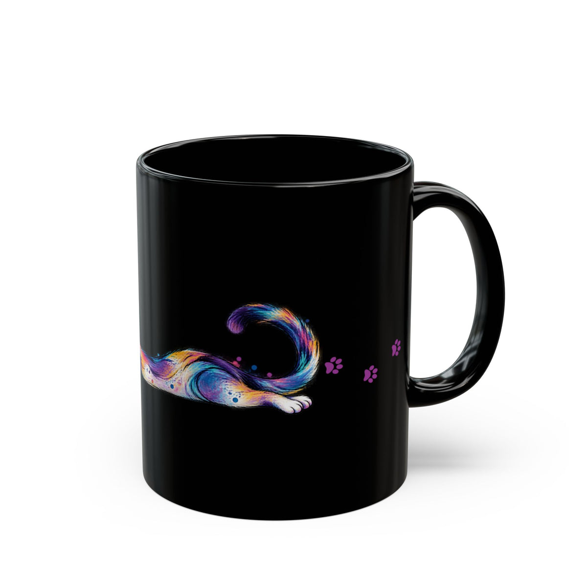 Colorful Stretching Cat Black Ceramic Mug | Whimsical Cat Lover Gift (11oz/15oz)