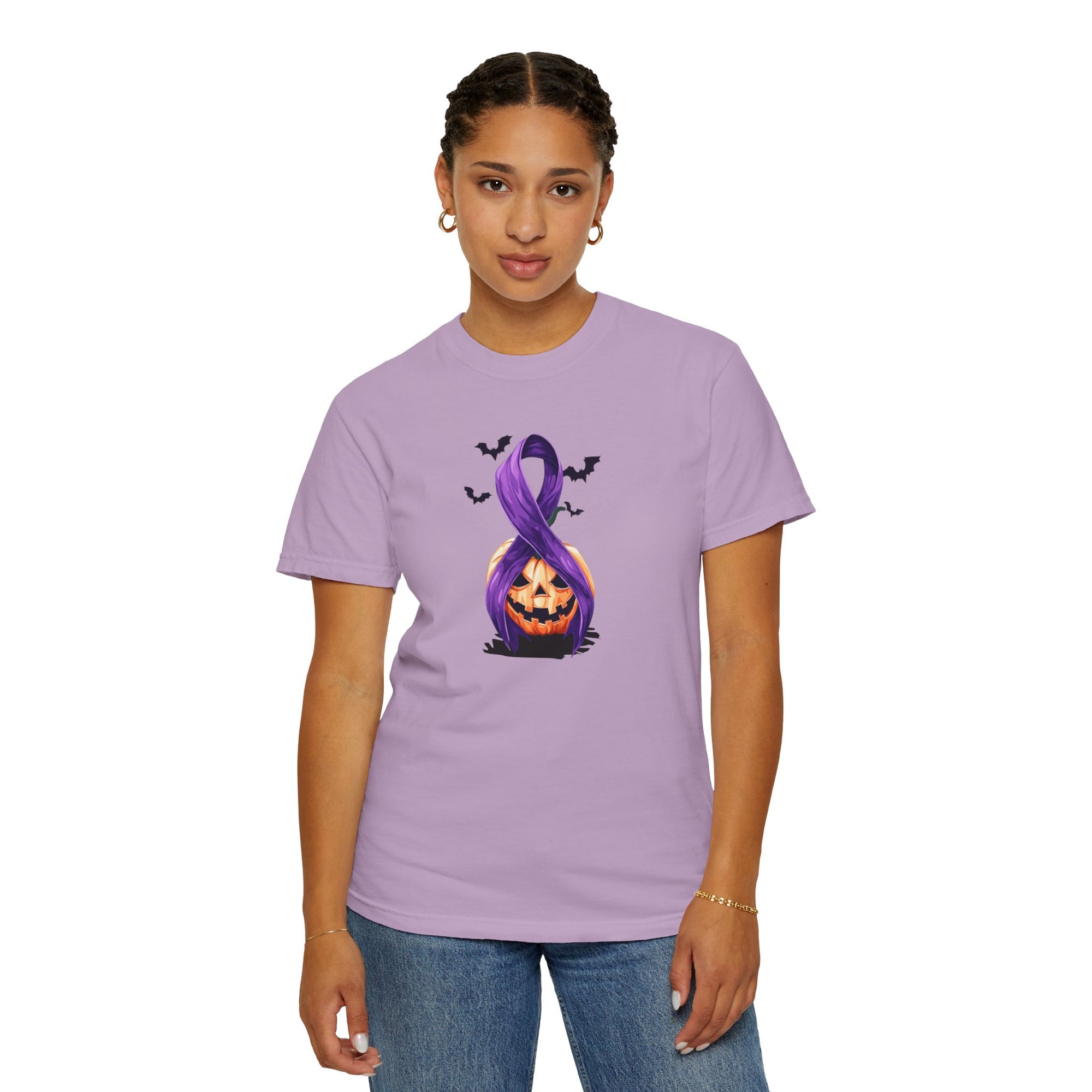 Halloween Pumpkin Unisex T-Shirt with Purple Ribbon Design