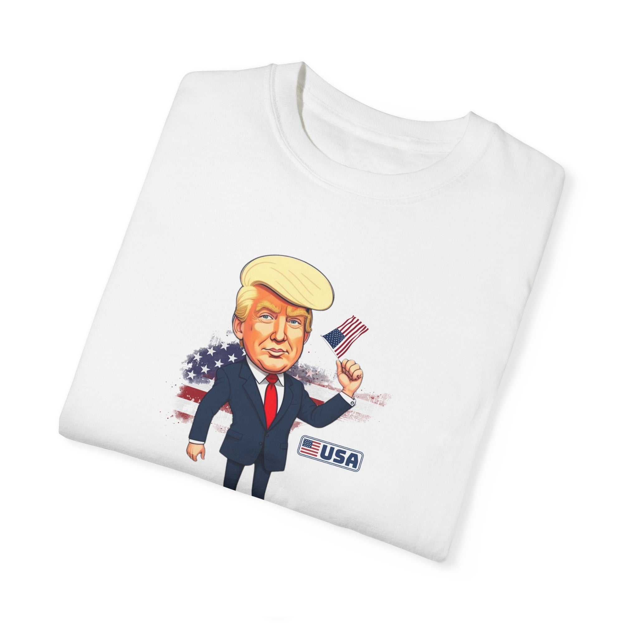 Patriotic Cartoon T-Shirt - Unisex Garment-Dyed Tee with Trump Design
