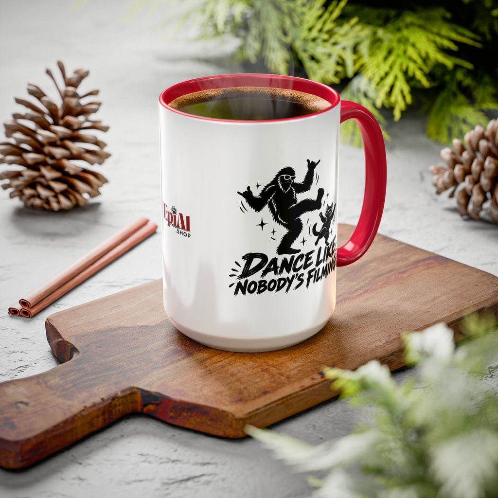 Dance Like Nobody's Filming | Funny Bigfoot & Cat Coffee Mug (11oz/15oz)