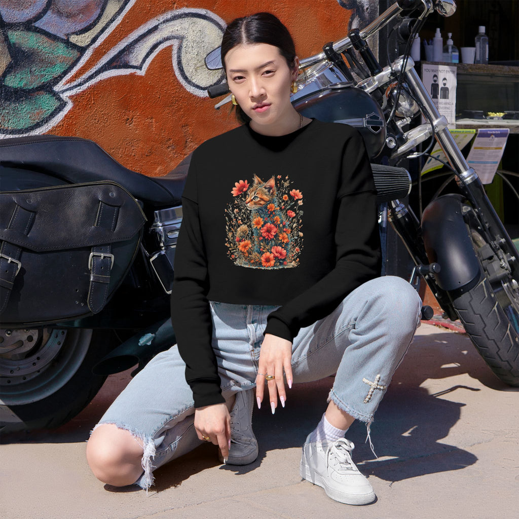 Floral Cat Women's Cropped Sweatshirt