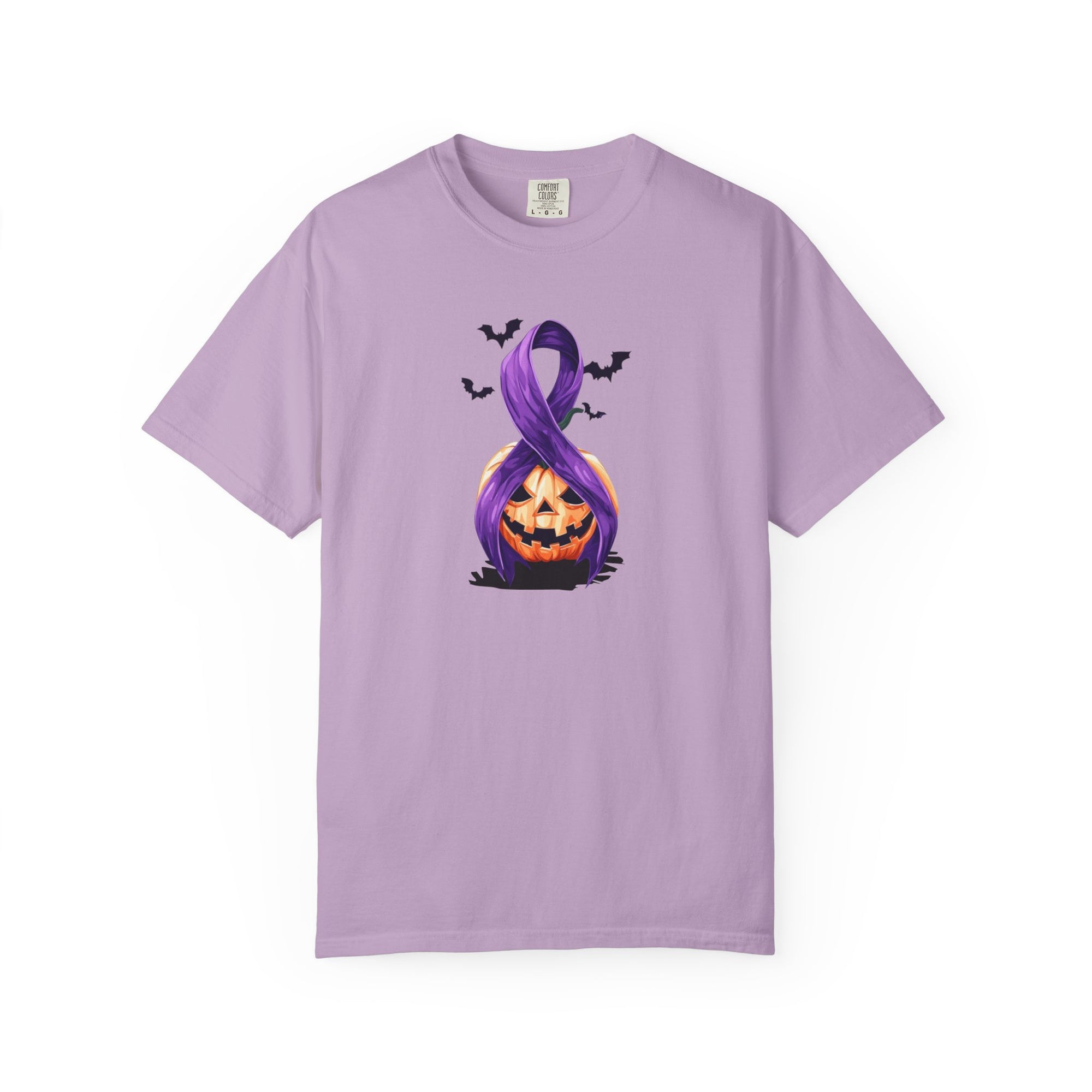 Halloween Pumpkin Unisex T-Shirt with Purple Ribbon Design