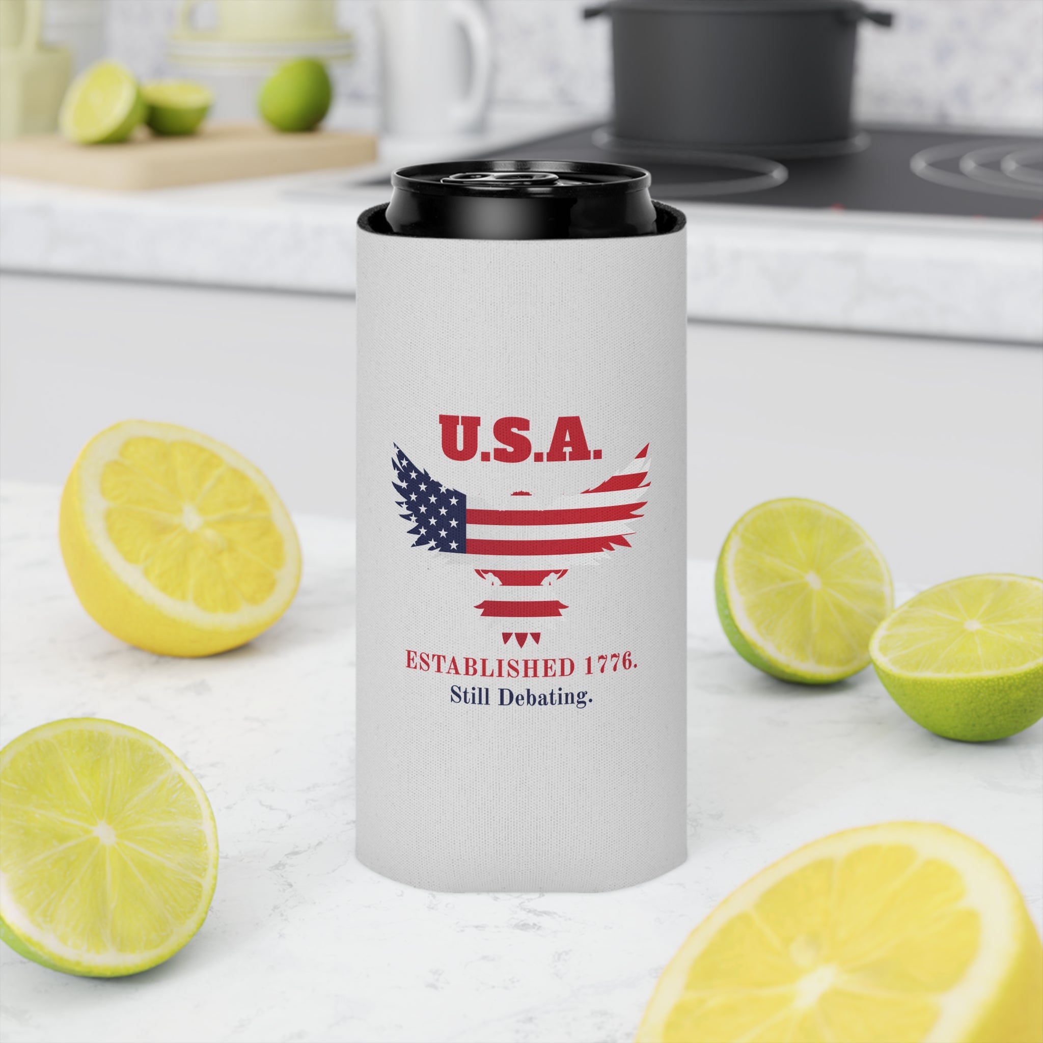 USA Established 1776 Still Debating Can Cooler Sleeve | Patriotic Funny Koozie