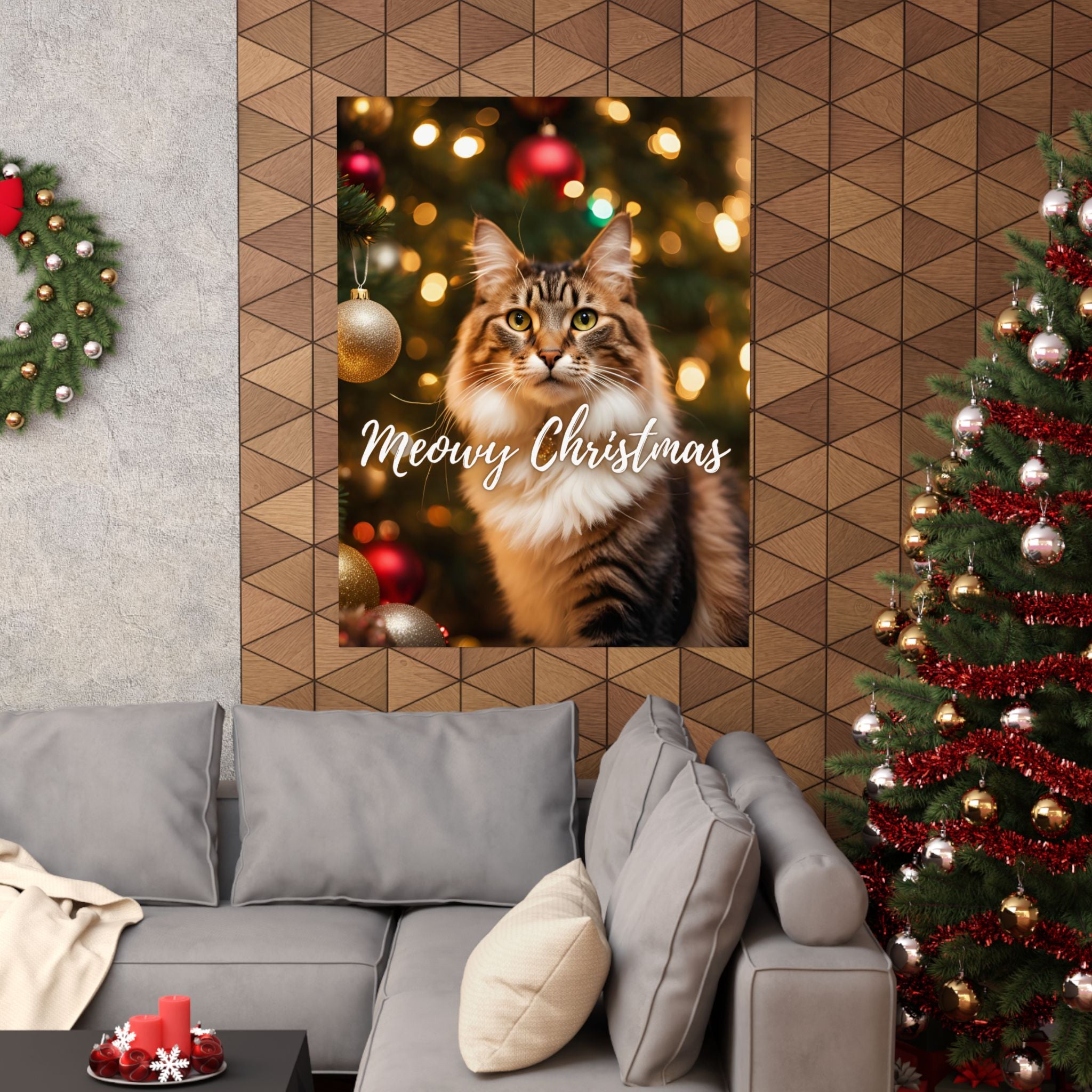 Photo depicting the ​Meowy Christmas Kitty Matte Vertical Posters from EpiAl's Shop.