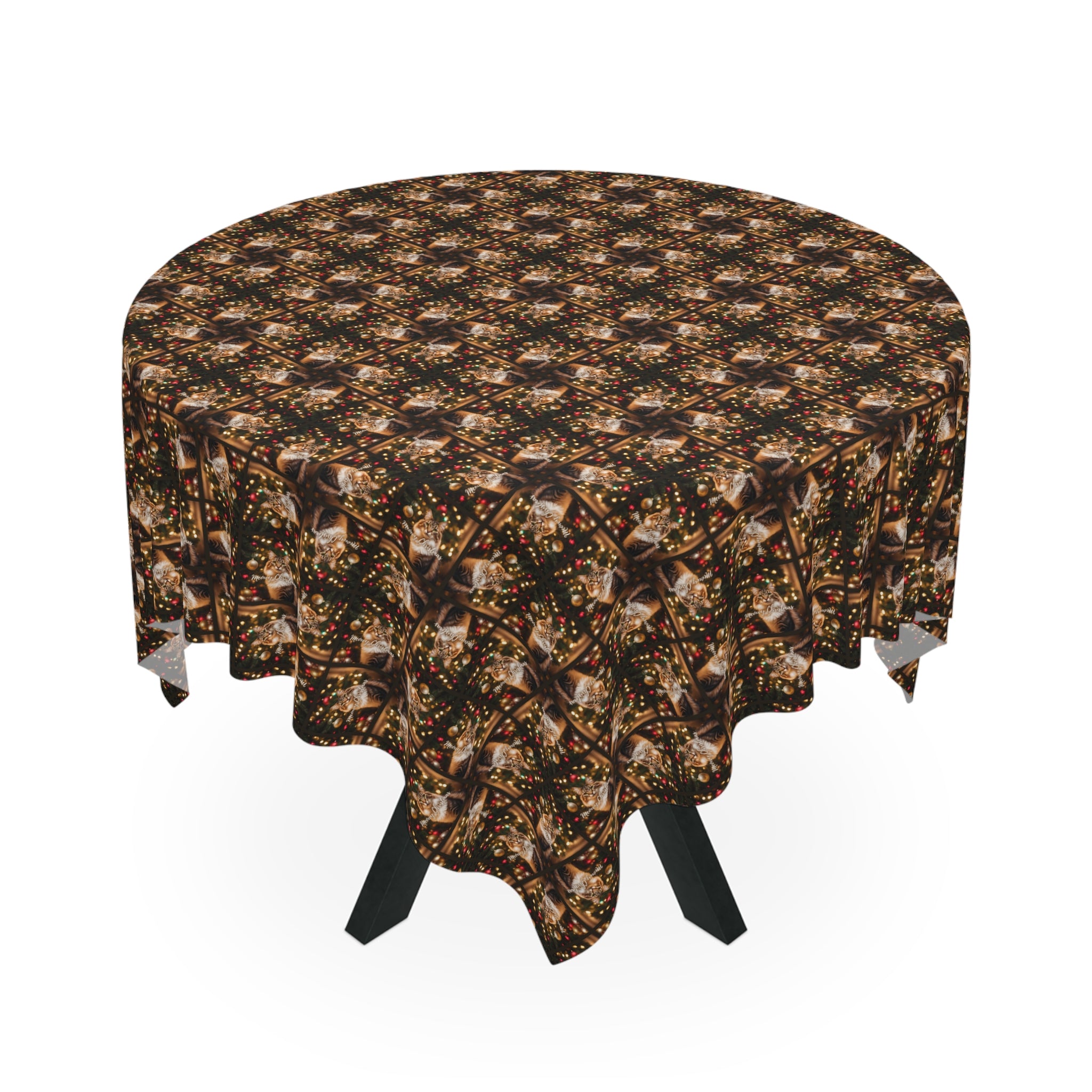 Photo depicting the ​Meowy Christmas Tabby Tablecloth from EpiAl's Shop.