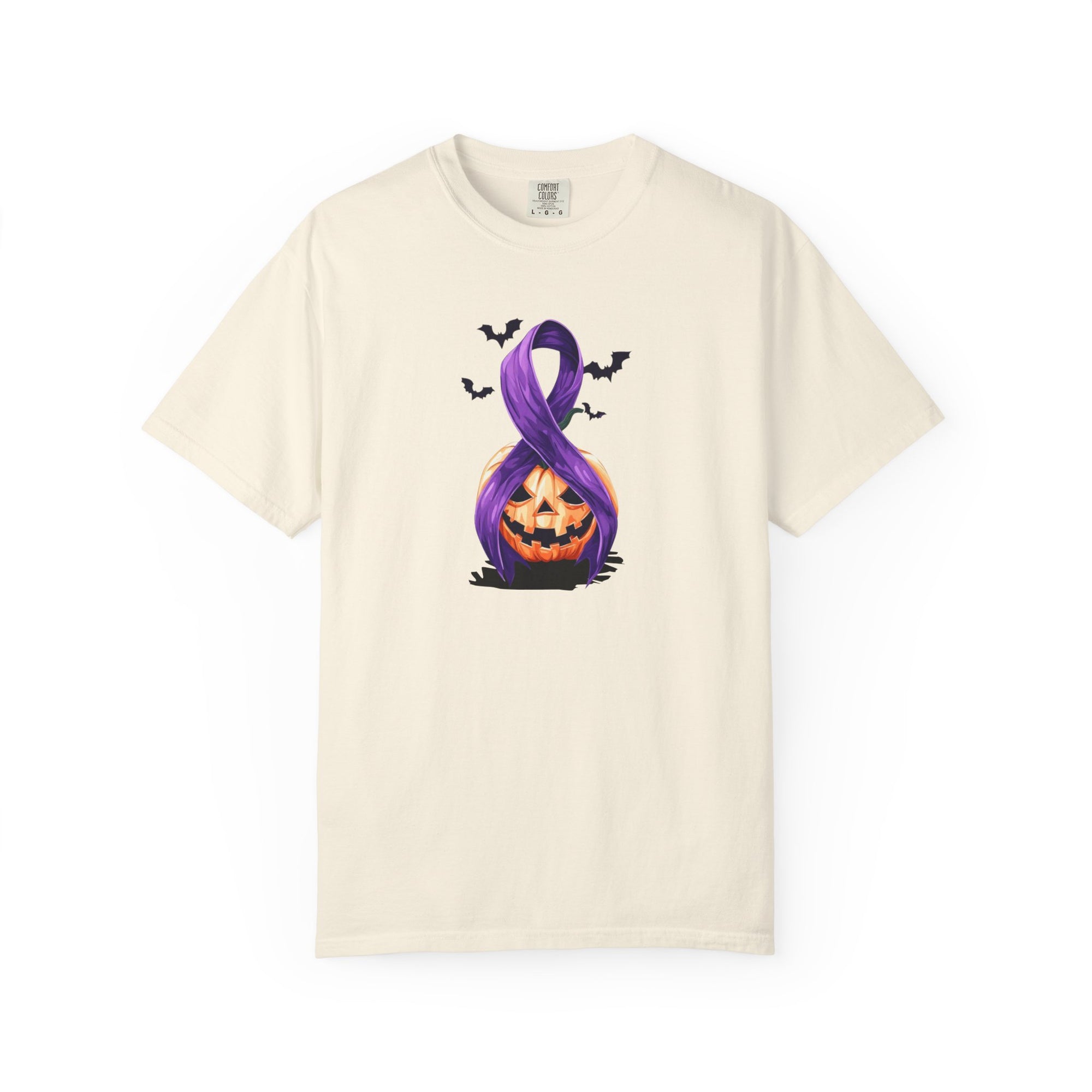 Halloween Pumpkin Unisex T-Shirt with Purple Ribbon Design