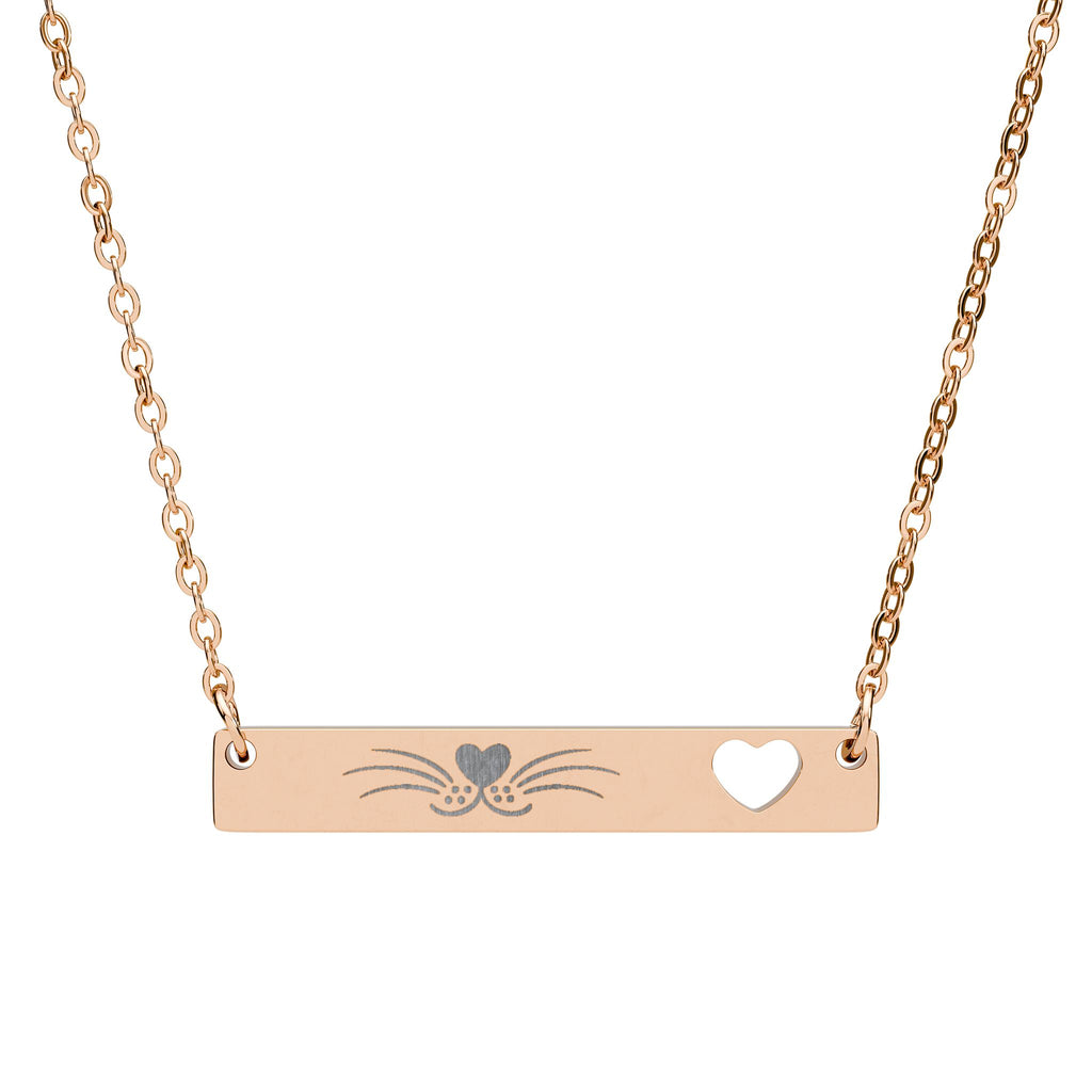 Minimalist Cat Whisker Bar Necklace — Engraved Pendant with Heart Cutout