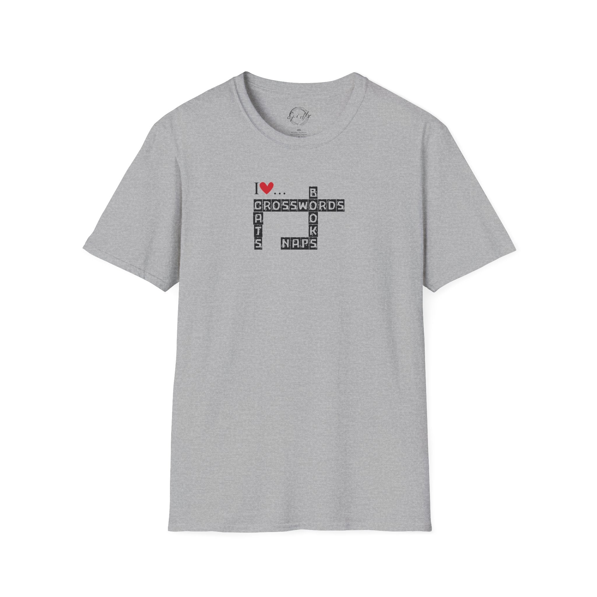 Photo depicting the ​Crosswords and Cats Unisex Softstyle T-Shirt from EpiAl's Shop.