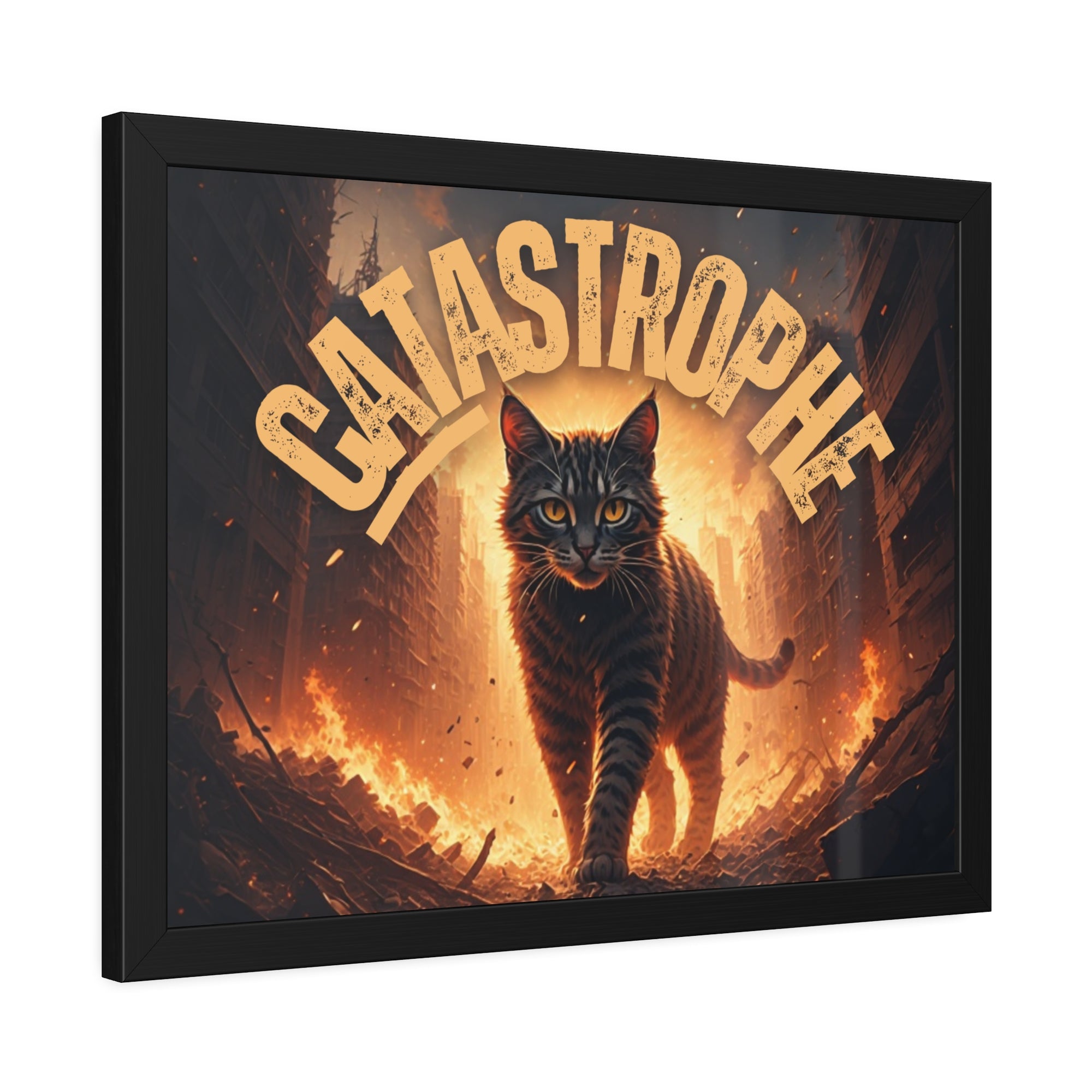 Framed Catastrophe Cat Poster Art, Quirky Cat Artwork