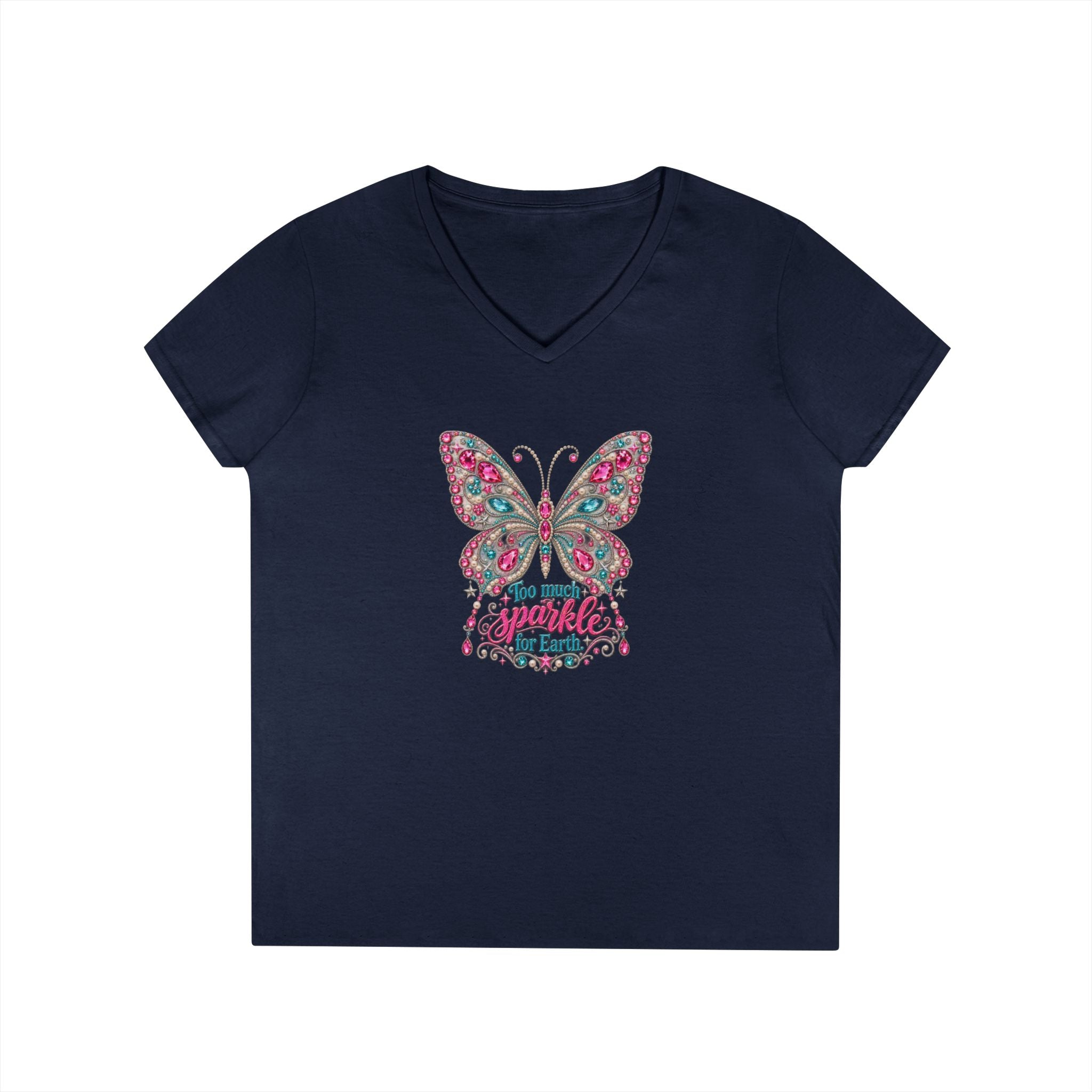 Too Much Sparkle for Earth V-Neck Tee | Rhinestone Butterfly Shirt | Heavenly Country Glam