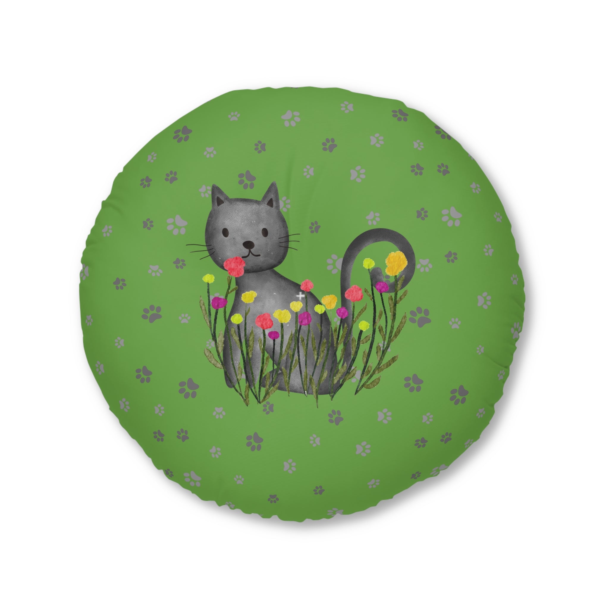 Curious Garden Cat Round Floor Pillow – Green Paw Print Accent Cushion (26" or 30")