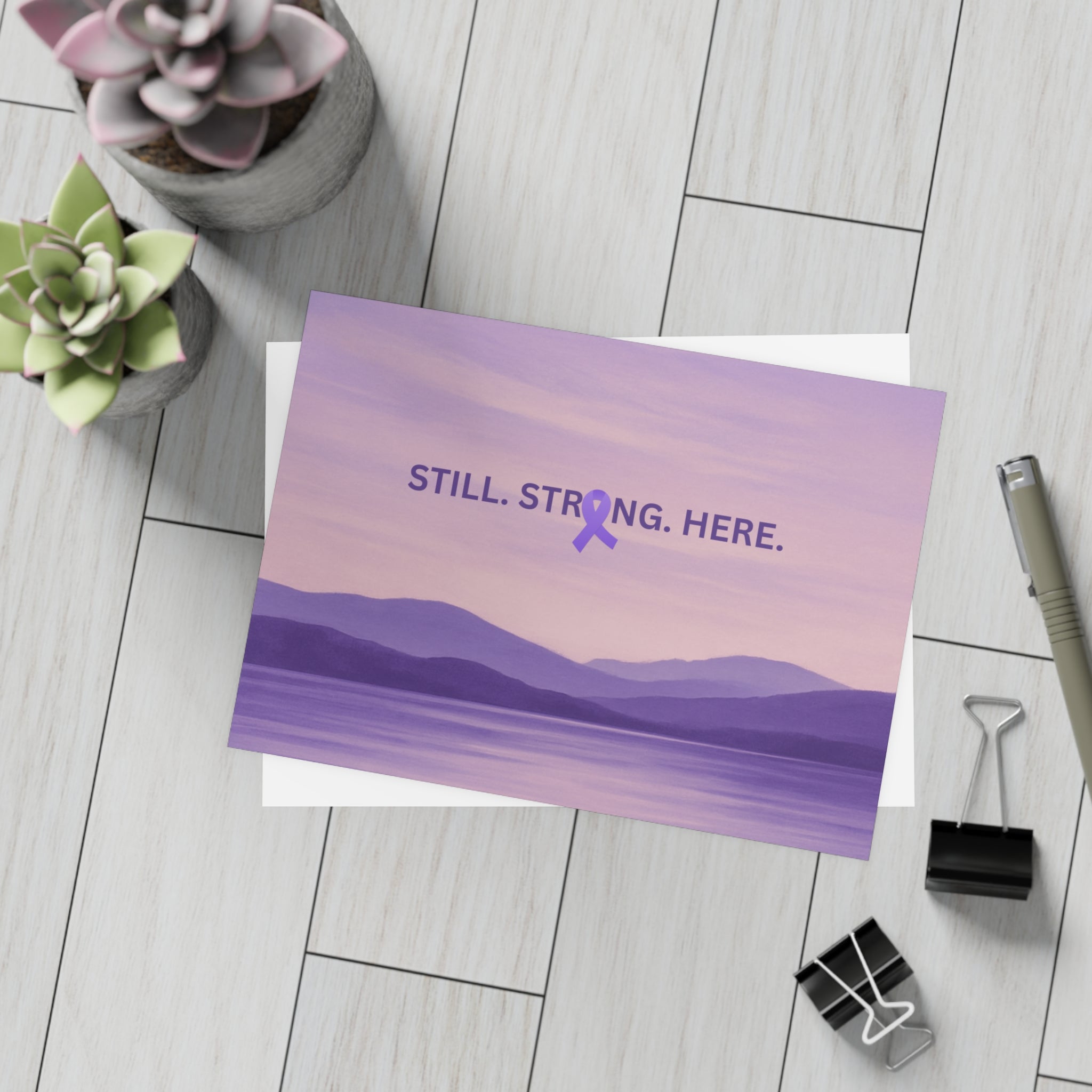 “Still. Strong. Here.” Epilepsy Awareness Postcards — Lavender Horizon (7×5, Sets of 10/30/50)