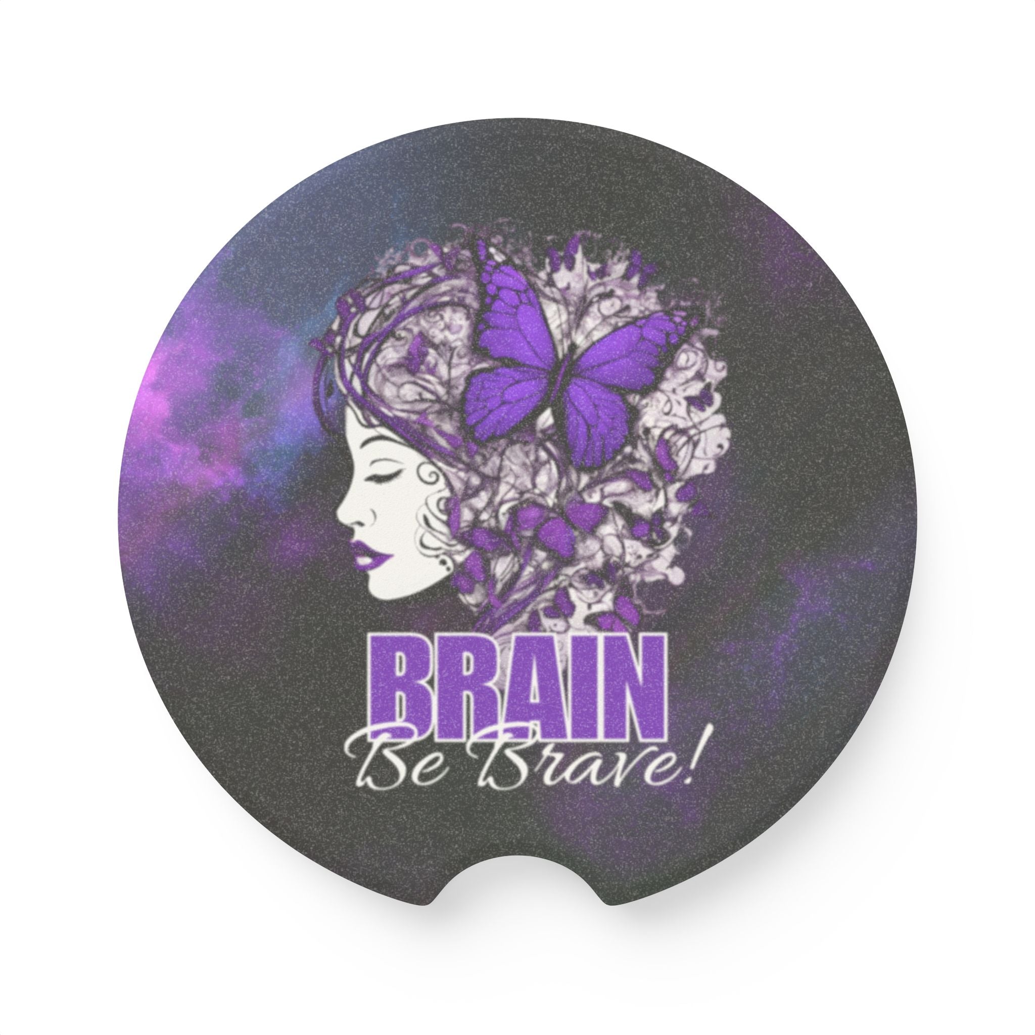 Photo depicting the ​Purple Brain Be Brave Soapstone Car Coaster from EpiAl's Shop.